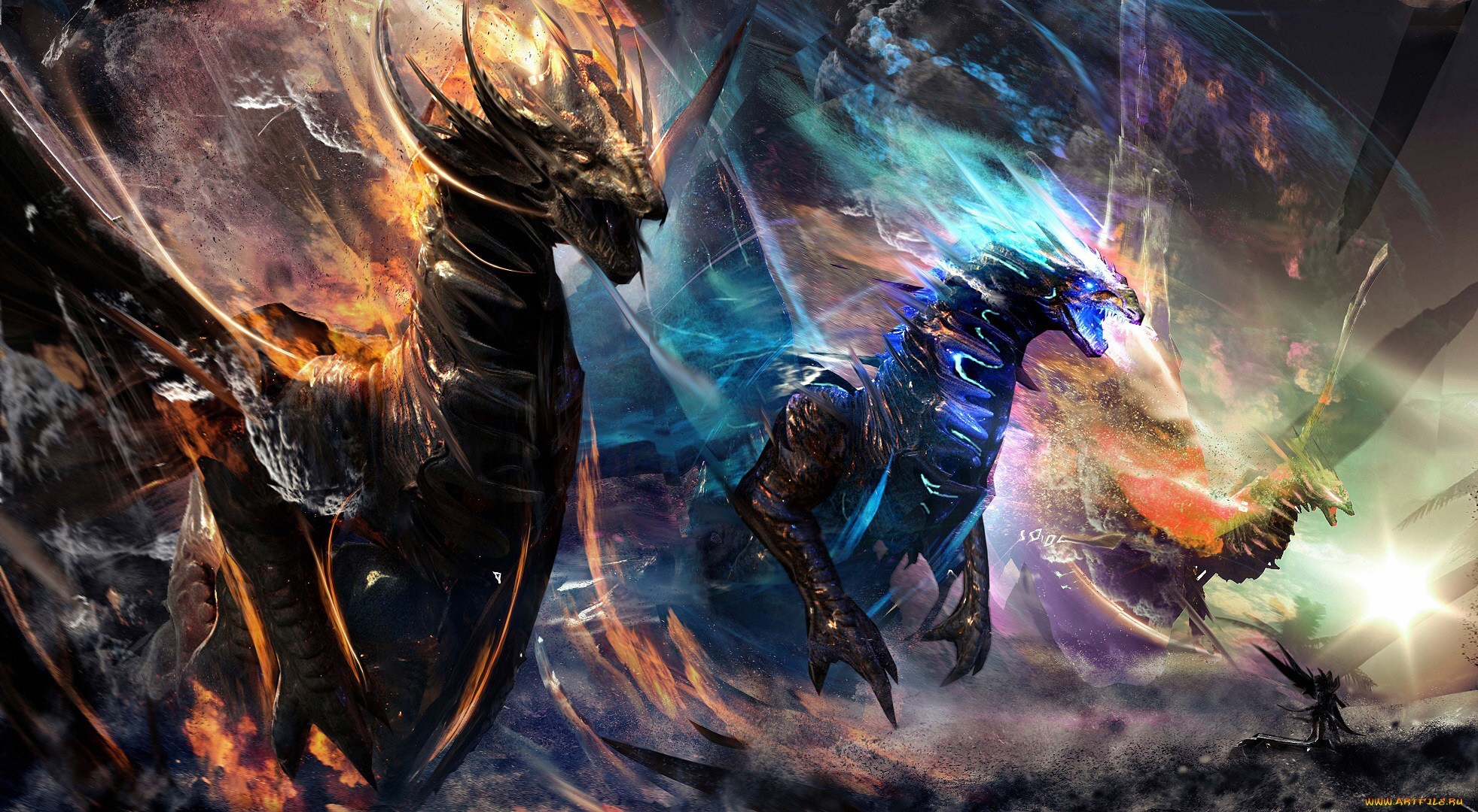 Two elemental dragons clashing in a fantasy landscape HD Wallpaper