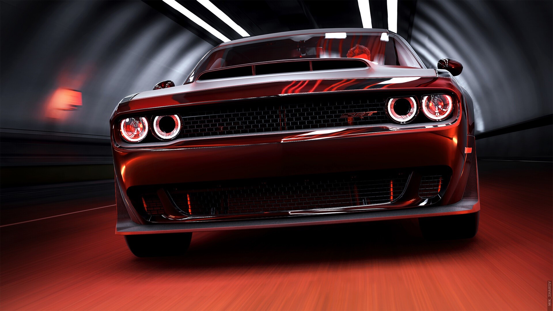 Red Dodge Challenger SRT Hellcat driving in a tunnel HD Wallpaper