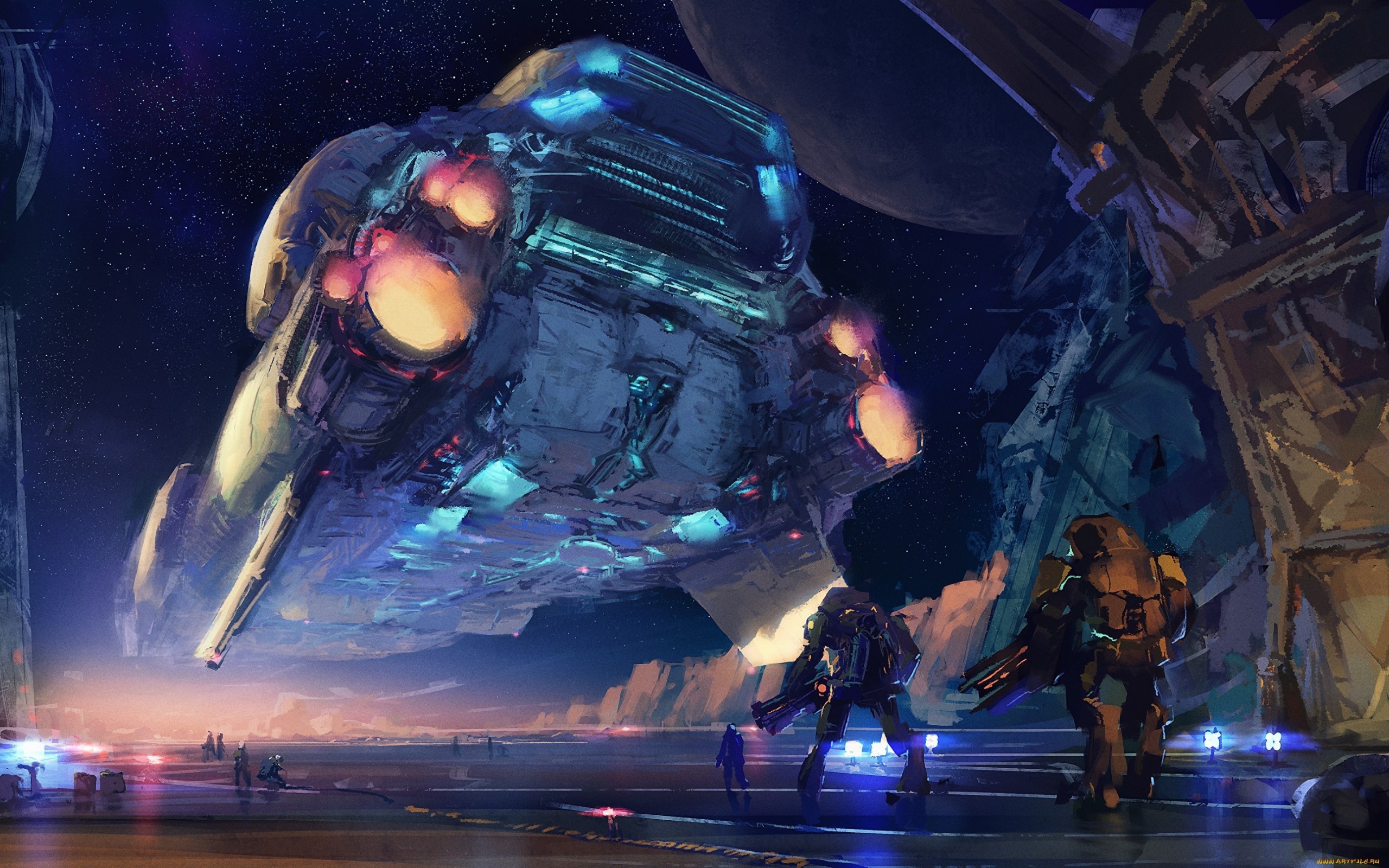 Futuristic spaceship landing with armored figures HD Wallpaper
