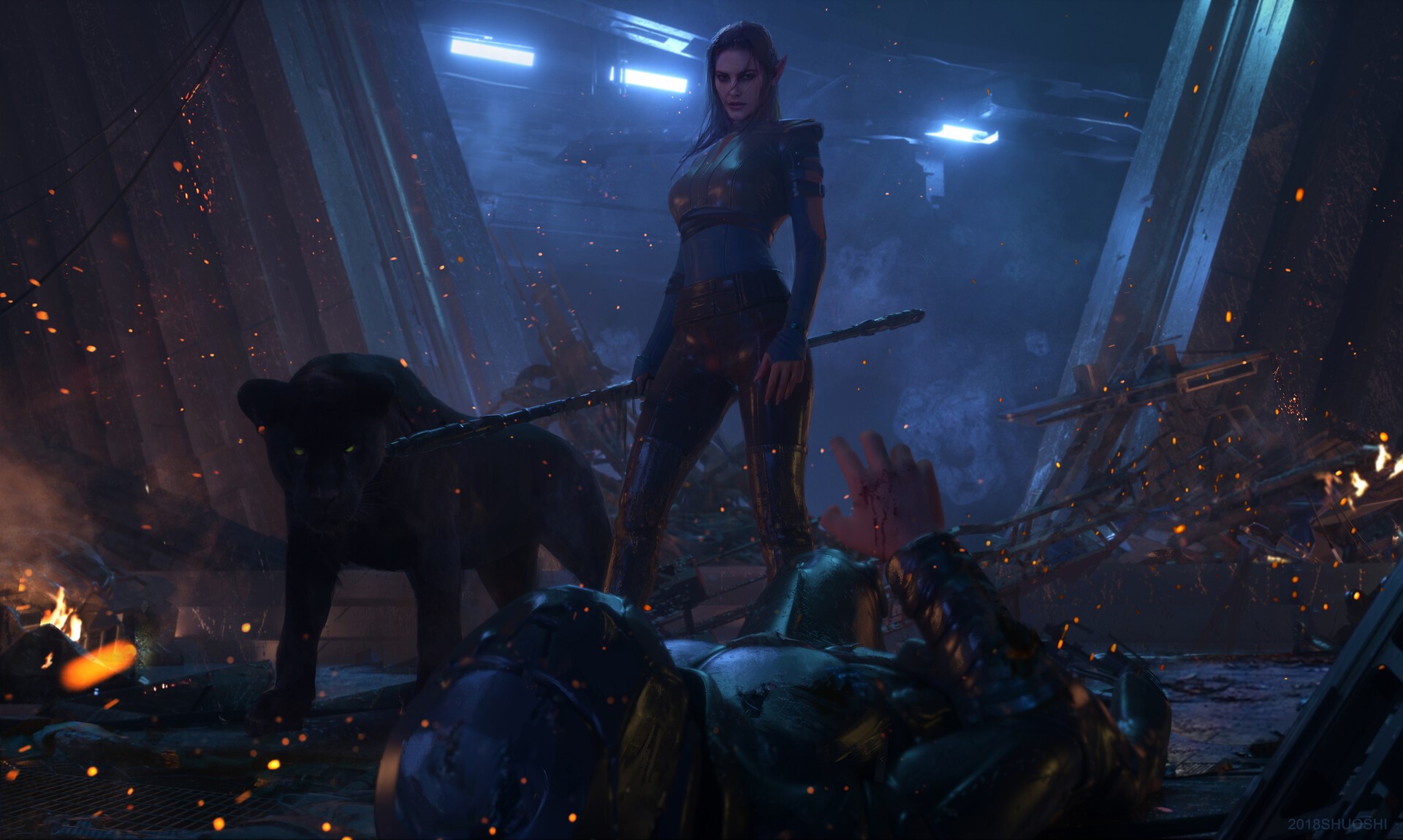 Woman with panther and fallen warrior HD Wallpaper