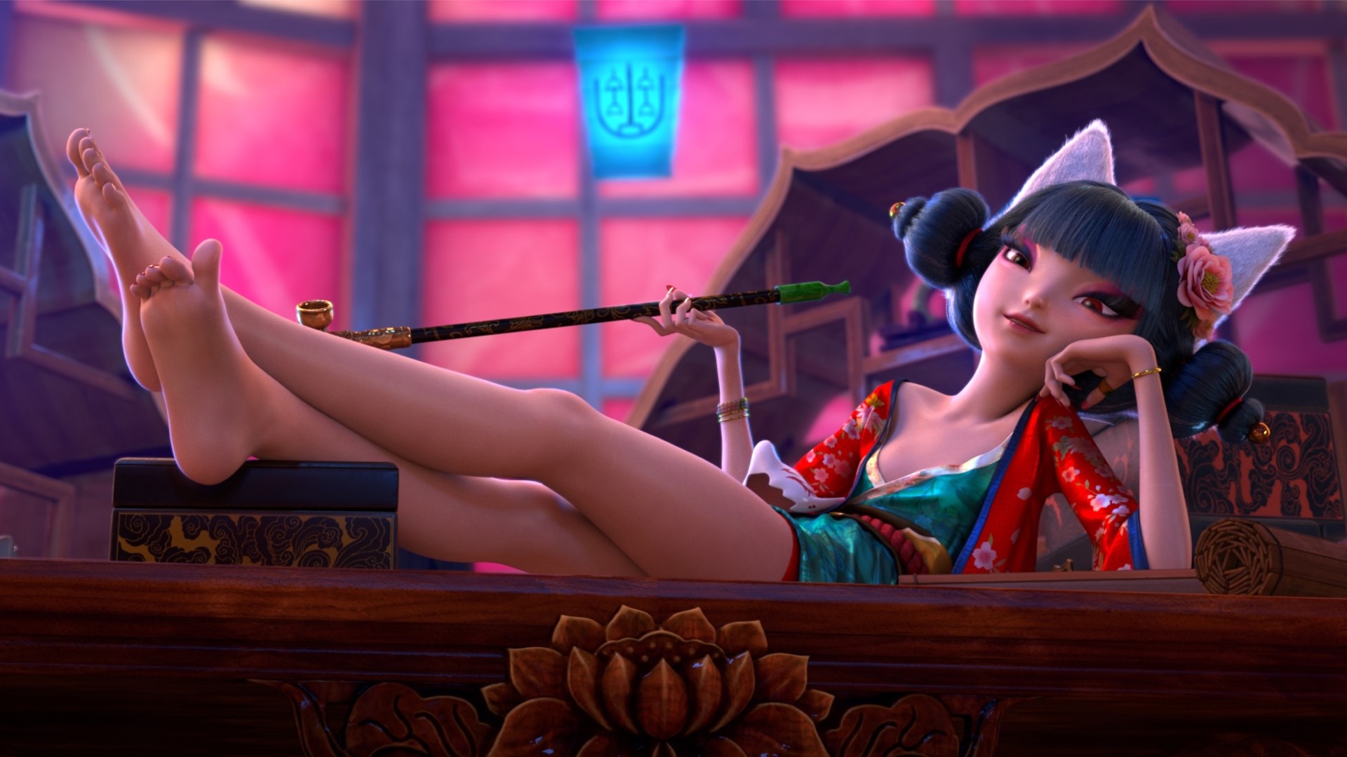 Anime girl with fox ears smoking a pipe HD Wallpaper