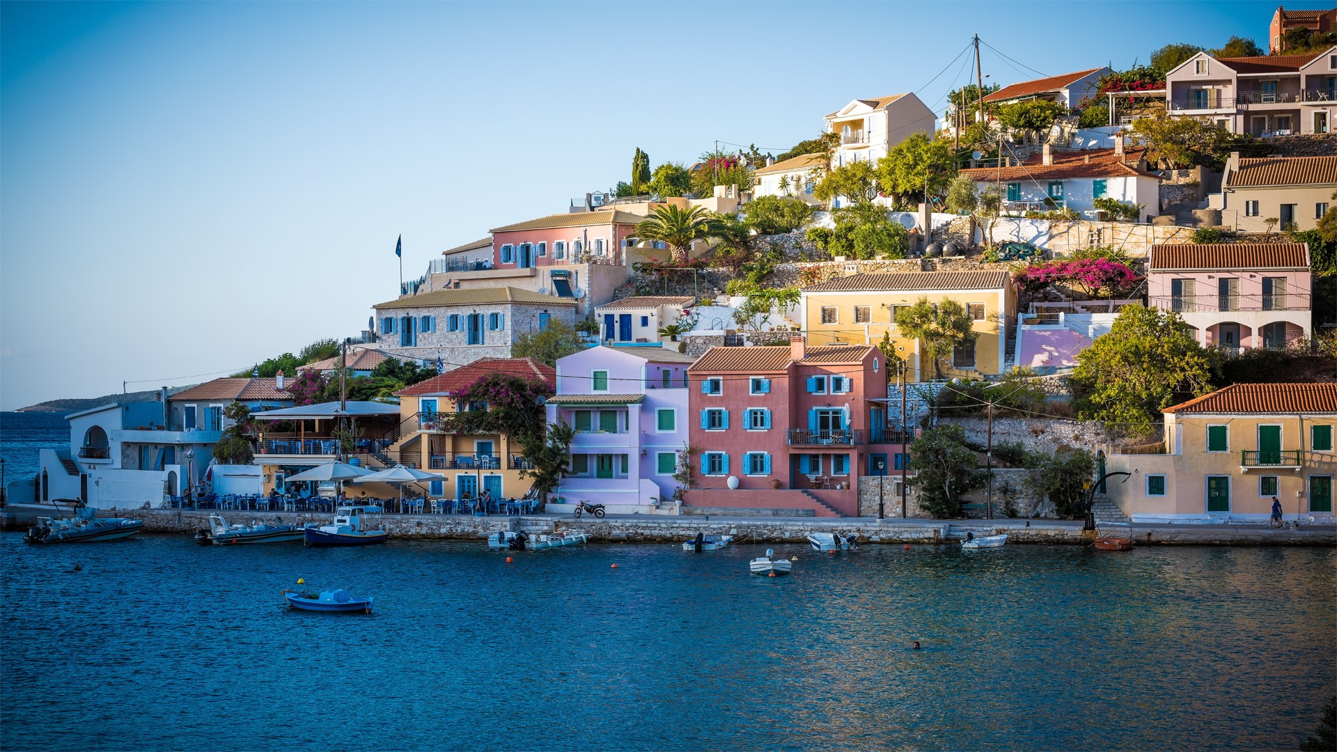 Colorful village on a hillside by the sea in Greece HD Wallpaper