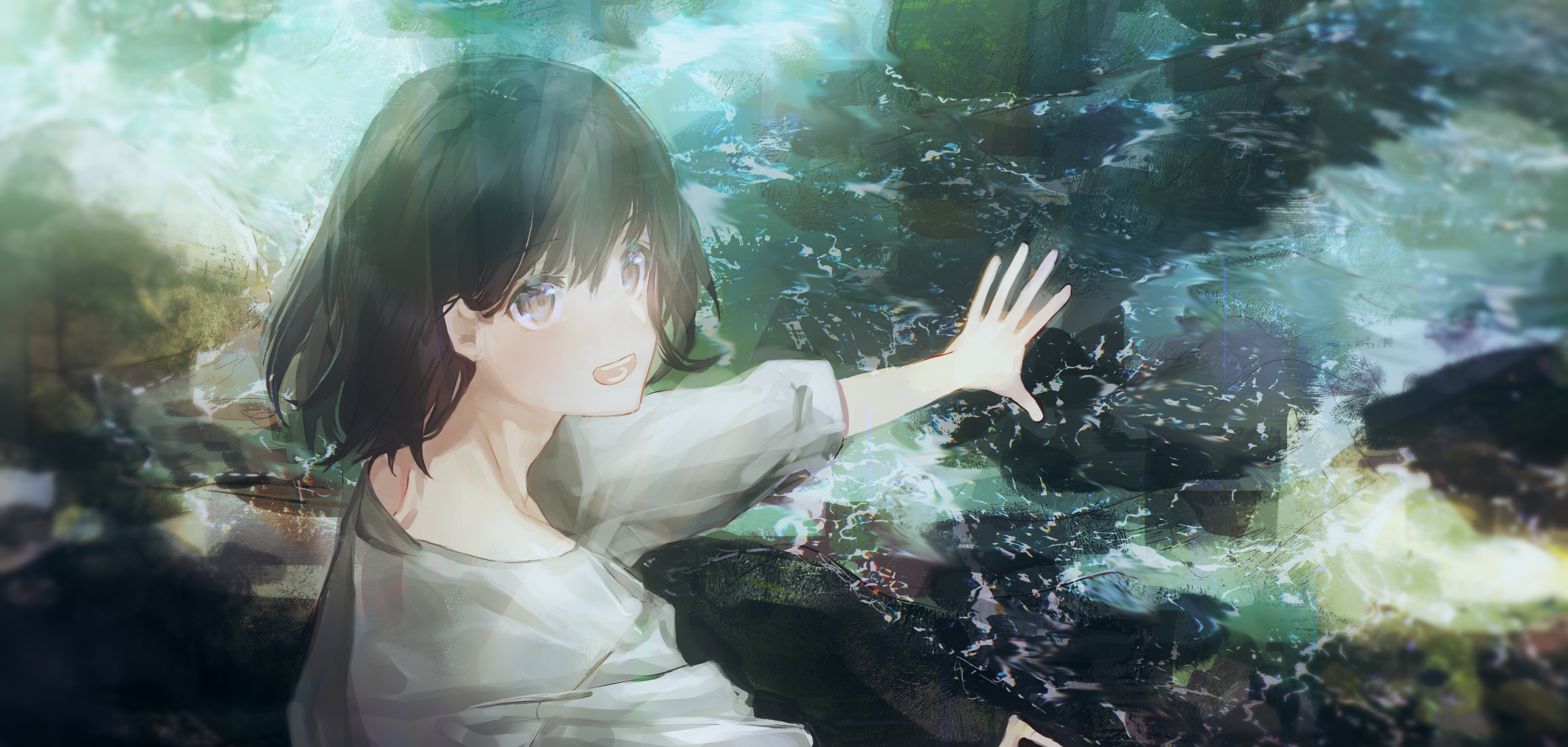 Anime girl with dark hair reaching into water HD Wallpaper