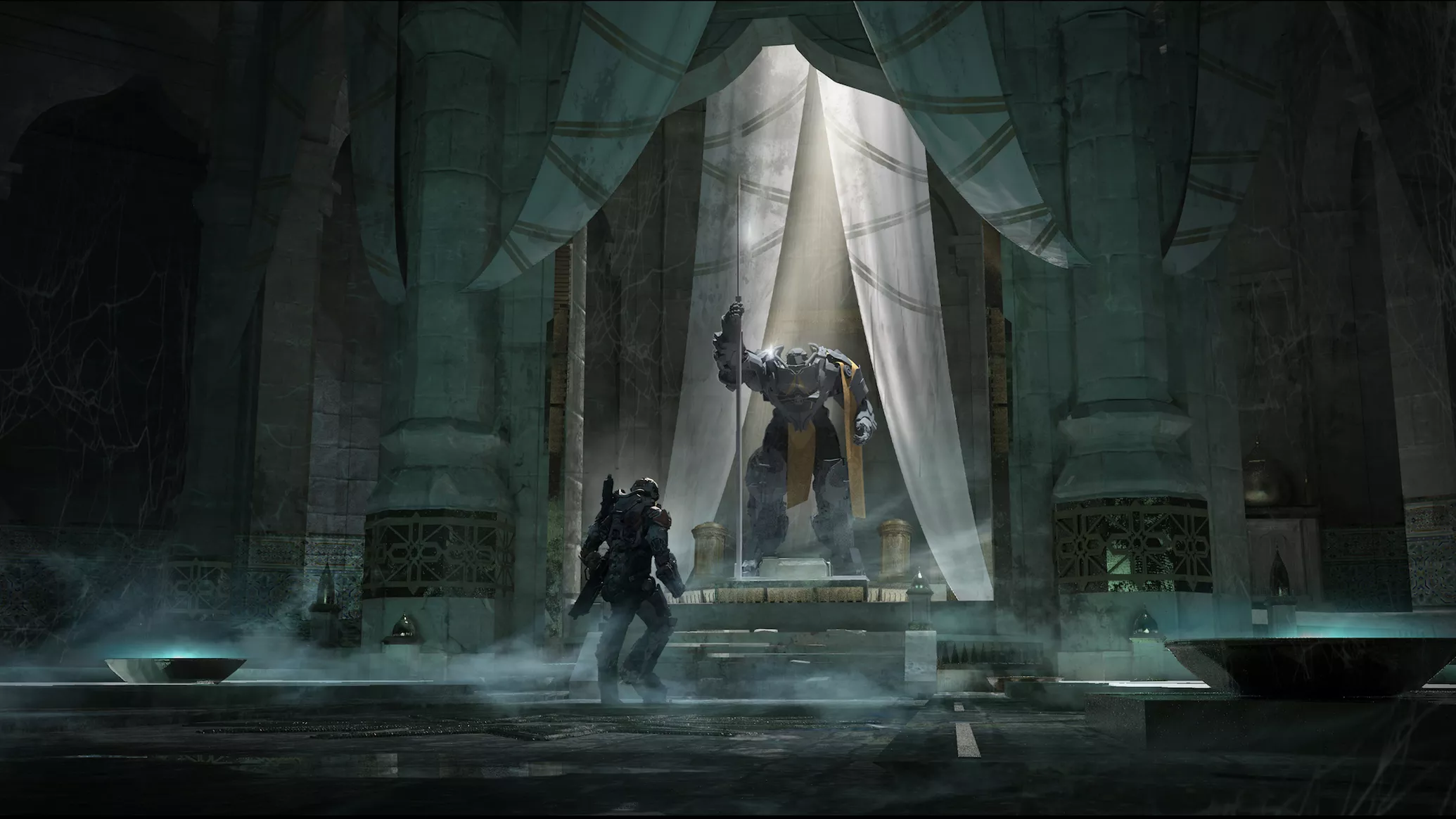 Anthem: Javelin confronts a statue in a grand hall HD Wallpaper