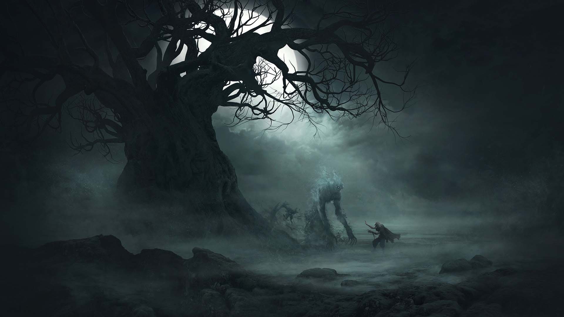 Fantasy art of a creature and a person under a moonlit tree HD Wallpaper