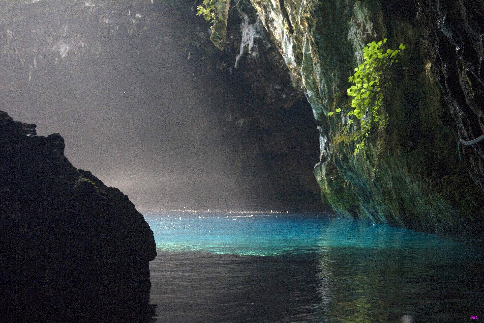 Cave with blue water and sunlight HD Wallpaper