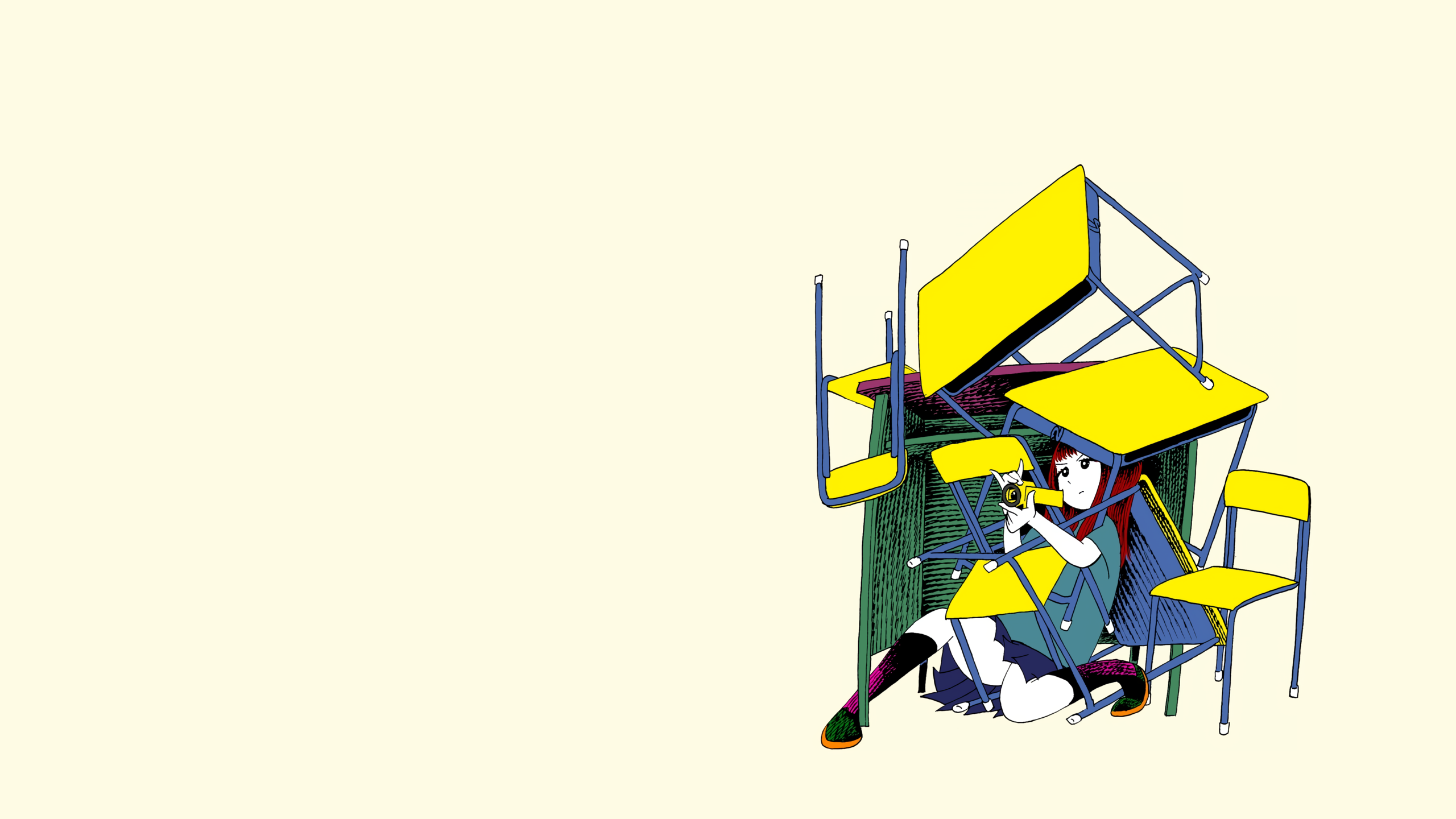 Girl hiding under desks with camera HD Wallpaper