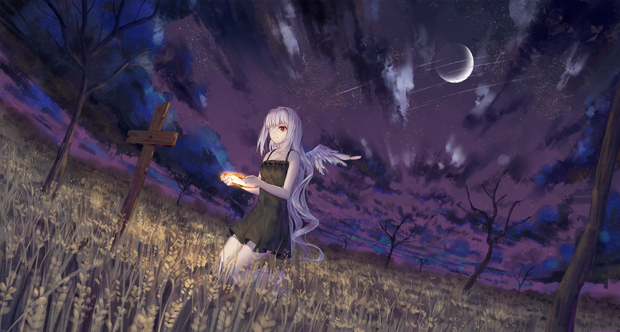 Anime girl with wings holding light near a cross HD Wallpaper