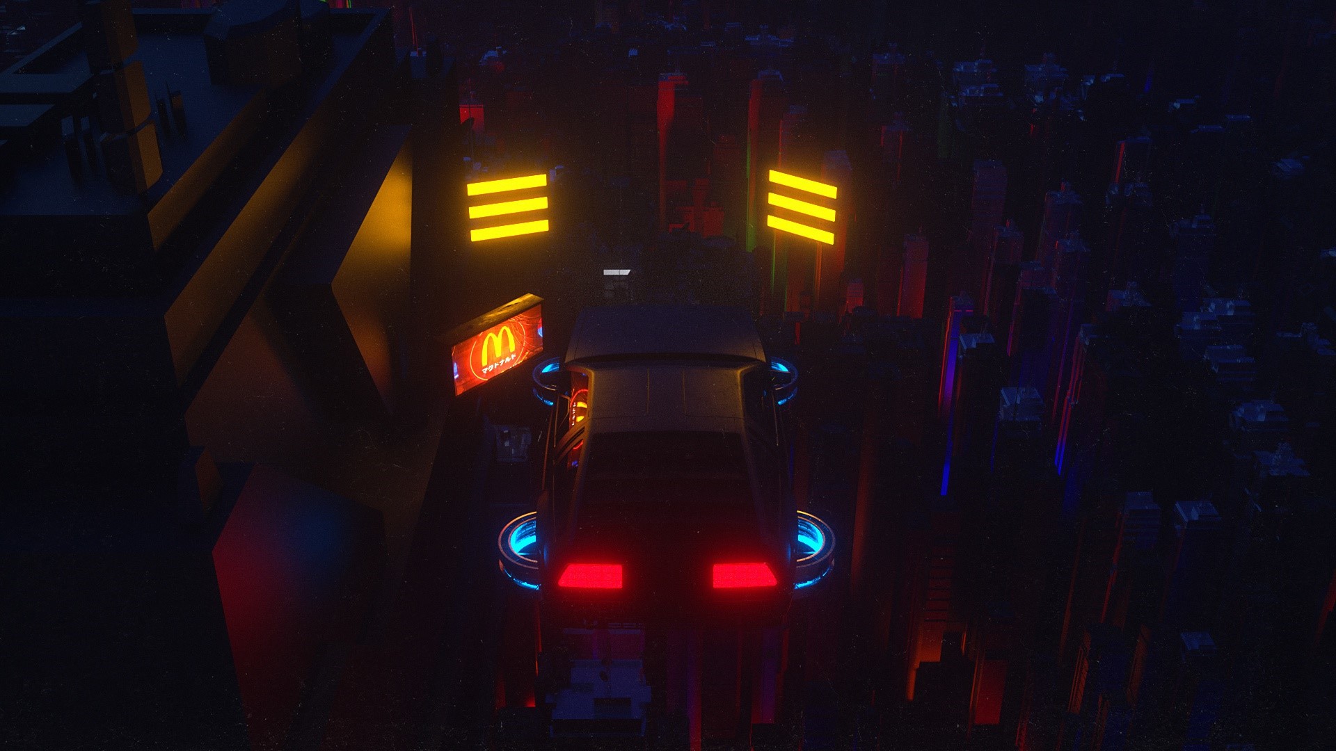 Futuristic DeLorean car in a neon city HD Wallpaper