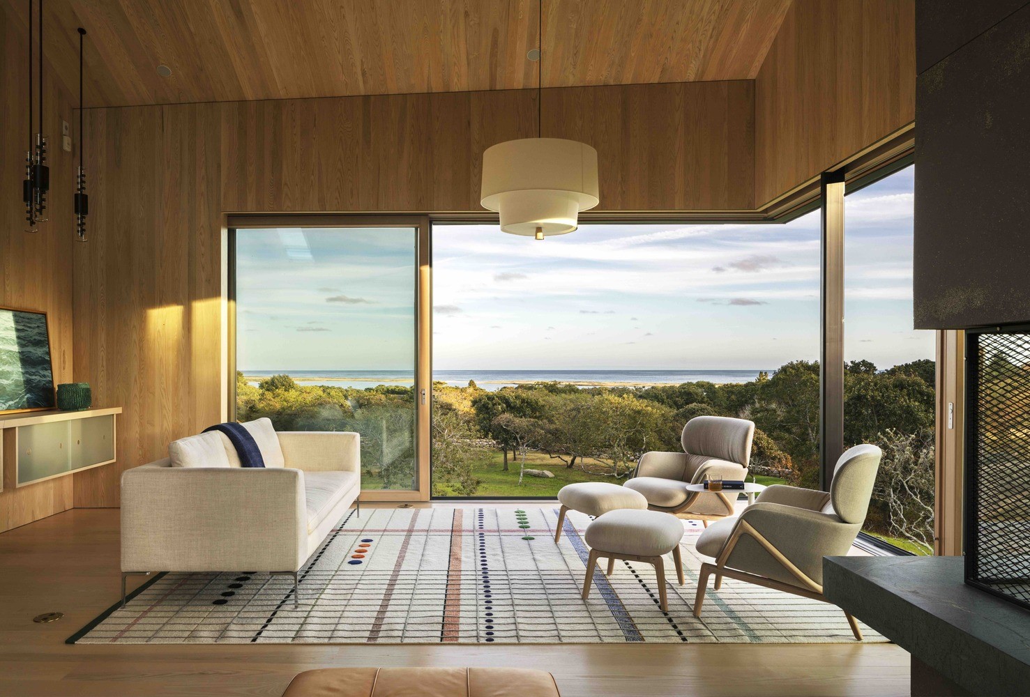 Modern living room with ocean view HD Wallpaper