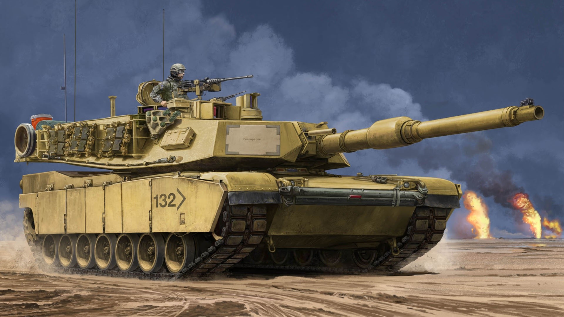 M1 Abrams tank in a desert landscape with fires HD Wallpaper