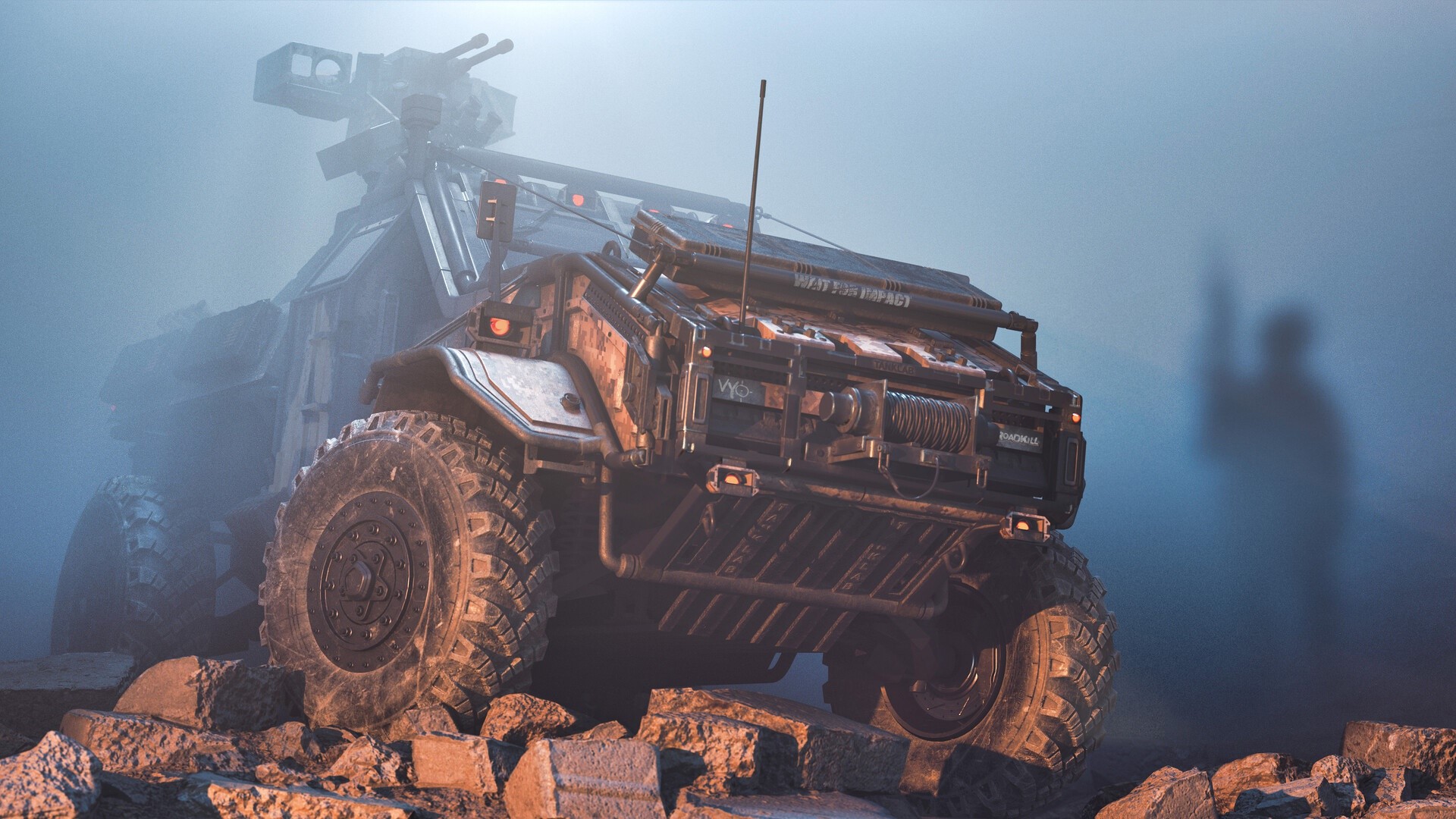 Armored vehicle with mounted gun in foggy environment HD Wallpaper