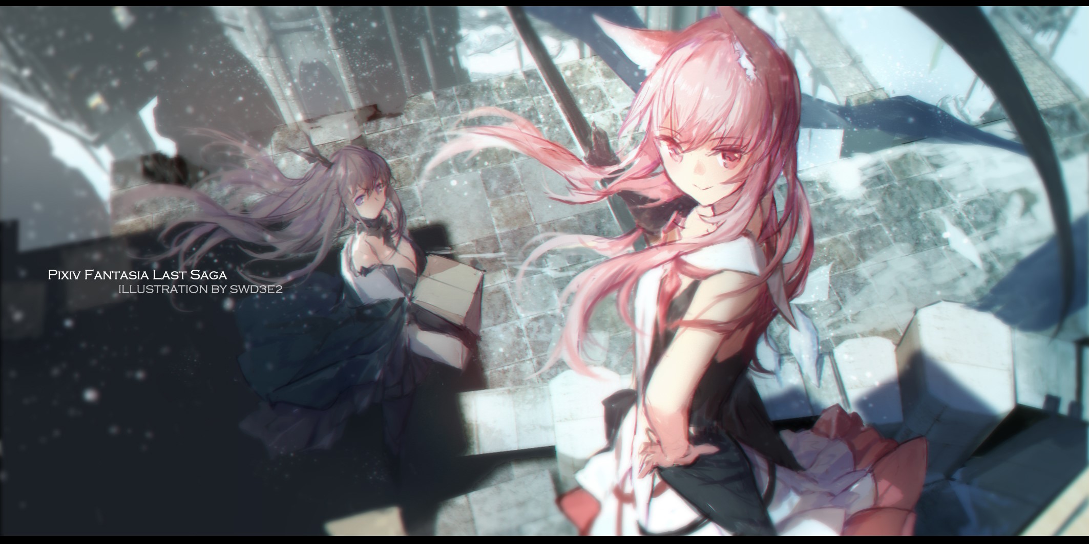 Two anime girls in a ruined fantasy setting HD Wallpaper