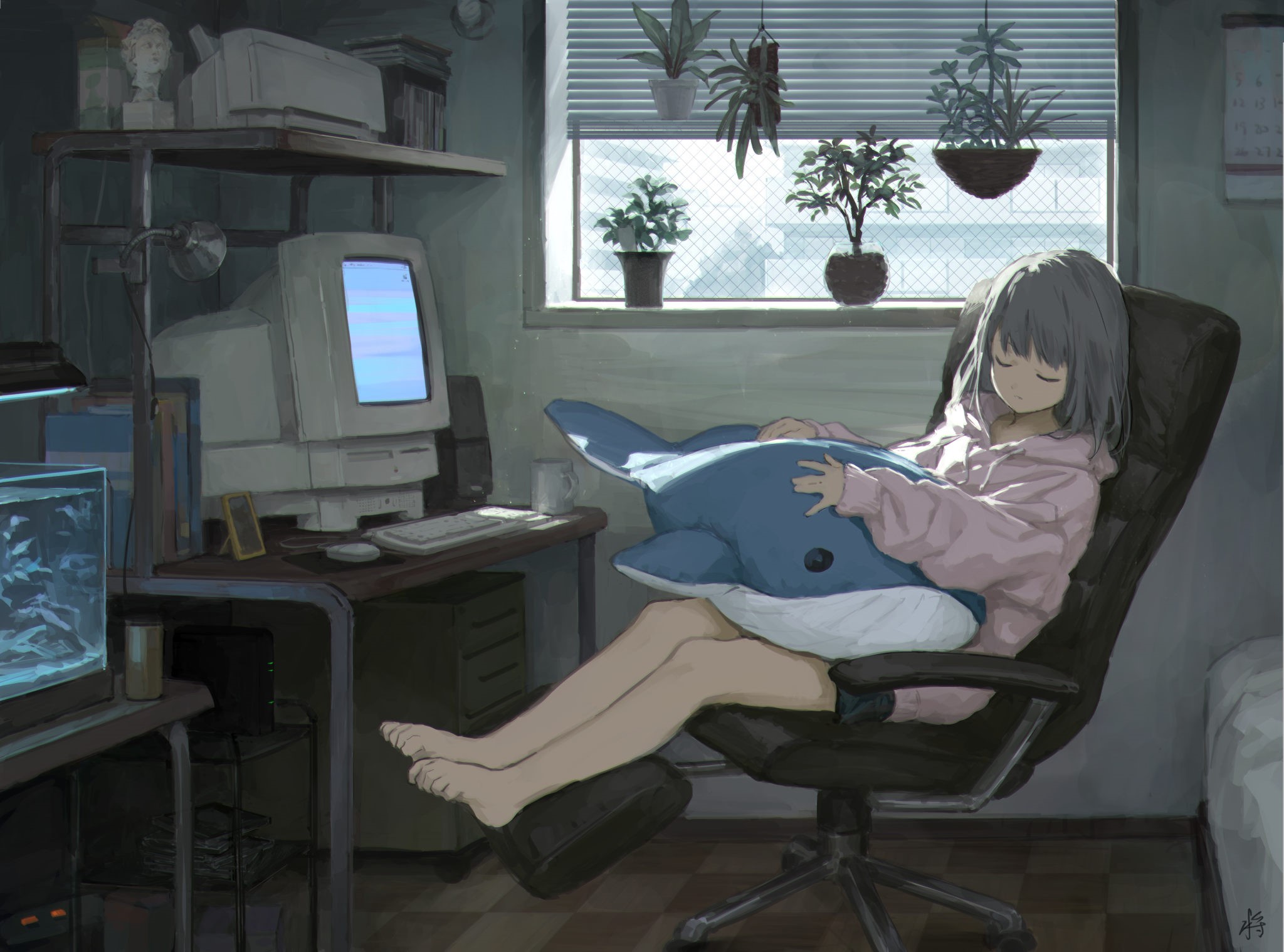 Anime girl sleeping with a dolphin plushie at a desk HD Wallpaper
