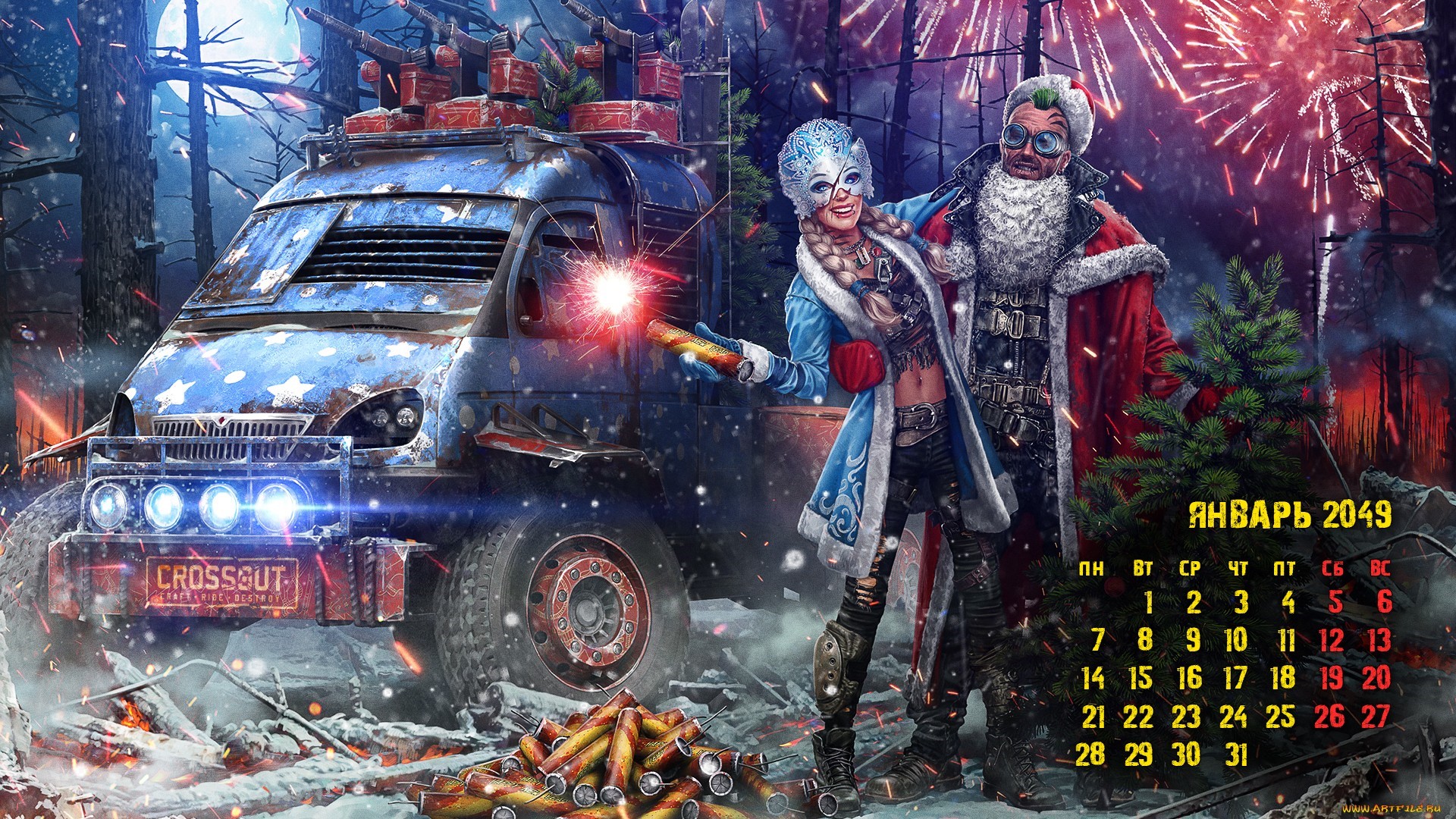 Artwork of a futuristic calendar for January 2049 HD Wallpaper