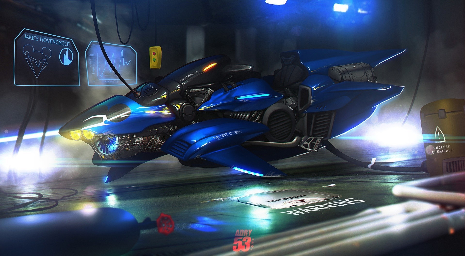 Jake's Hovercycle in a futuristic workshop HD Wallpaper