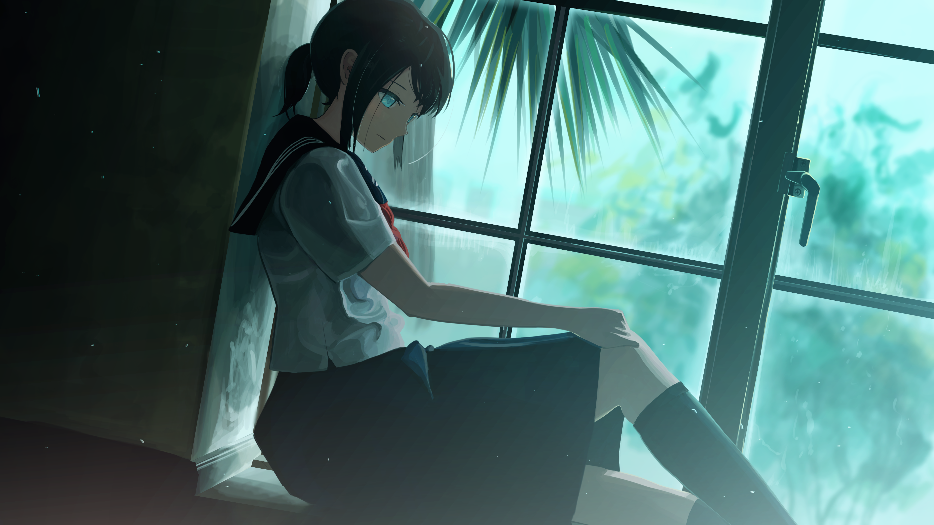 Anime girl in school uniform by the window HD Wallpaper