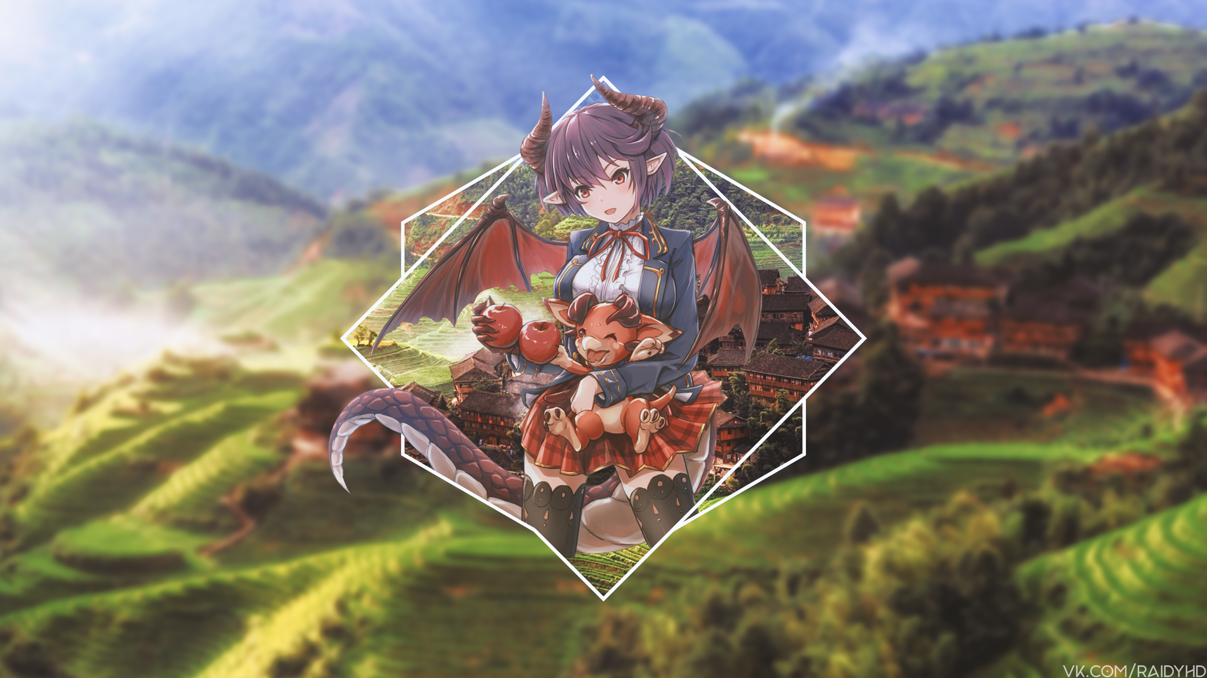 Anime girl with dragon and apples in terraced landscape HD Wallpaper