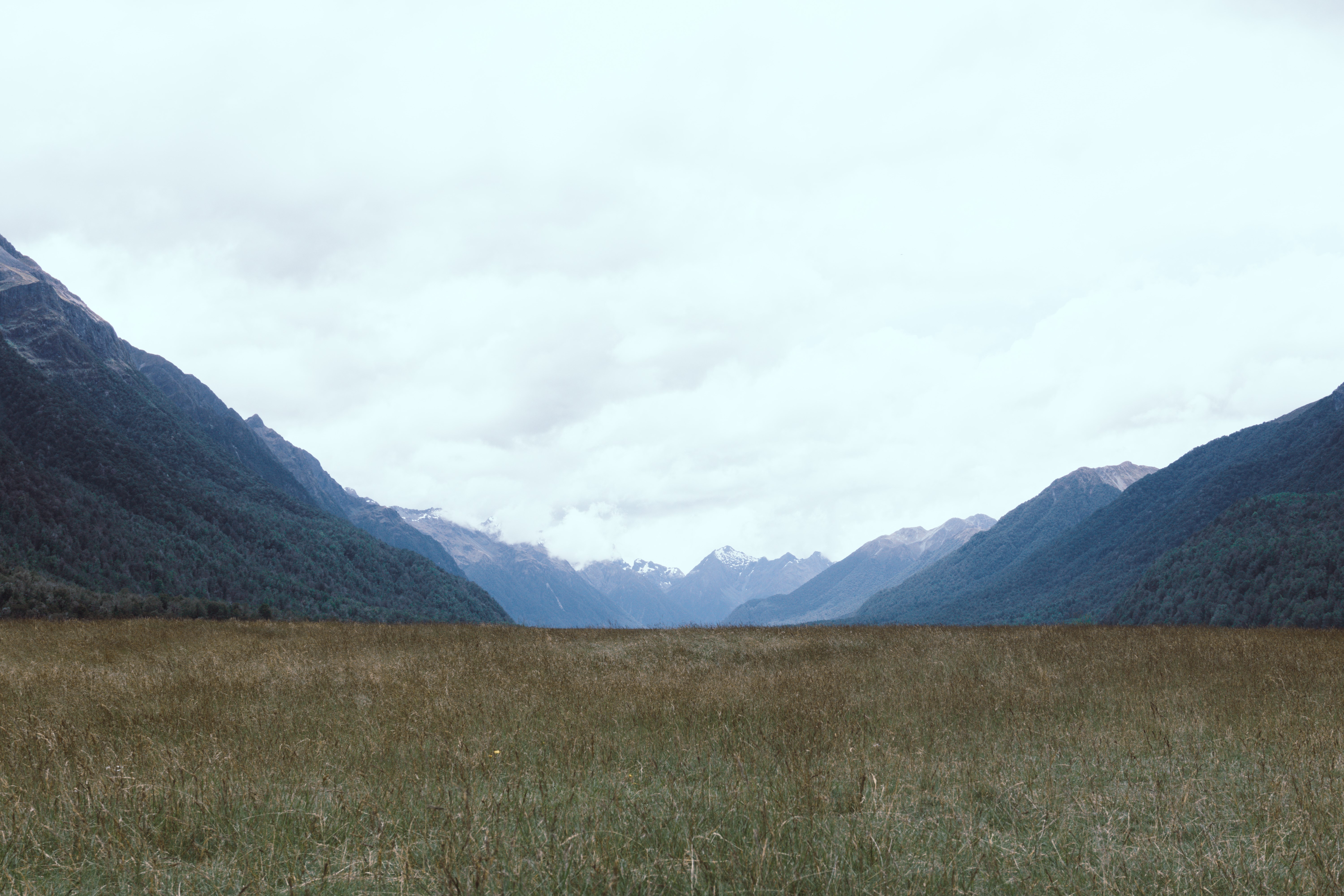 Mountains and valley landscape with grass field HD Wallpaper