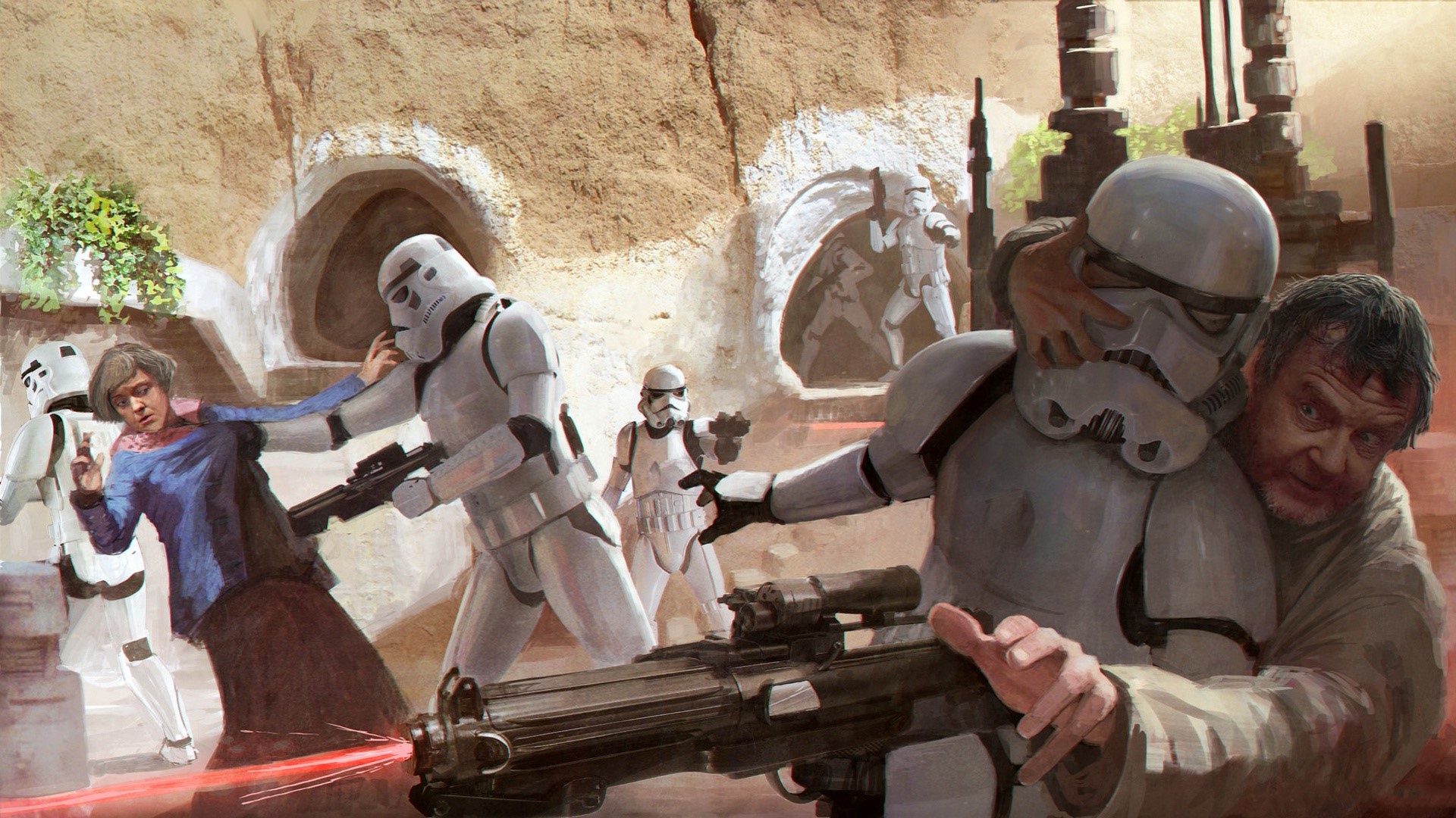 Stormtroopers apprehending civilians on Tatooine HD Wallpaper