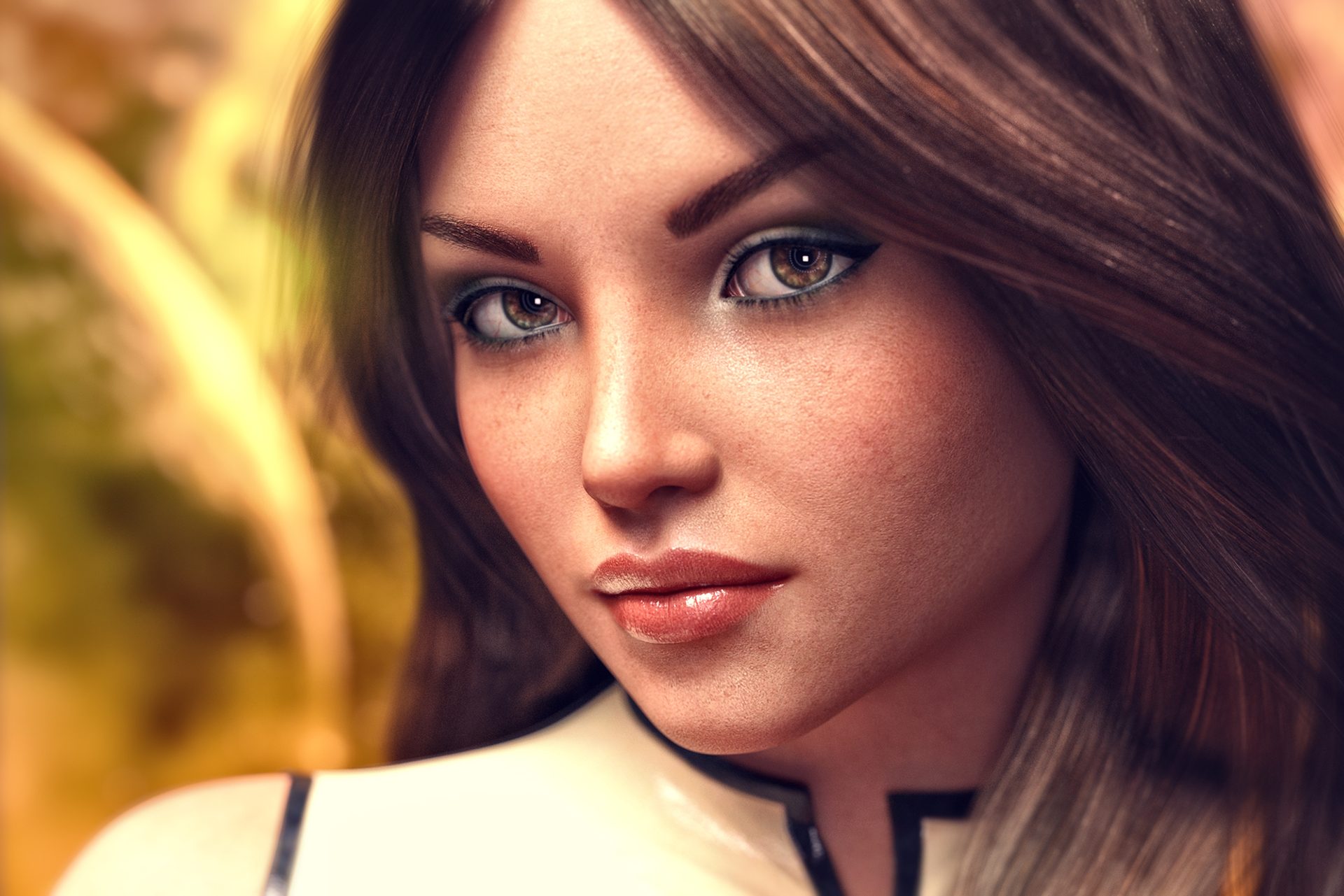 Close-up portrait of a woman with brown hair and makeup HD Wallpaper