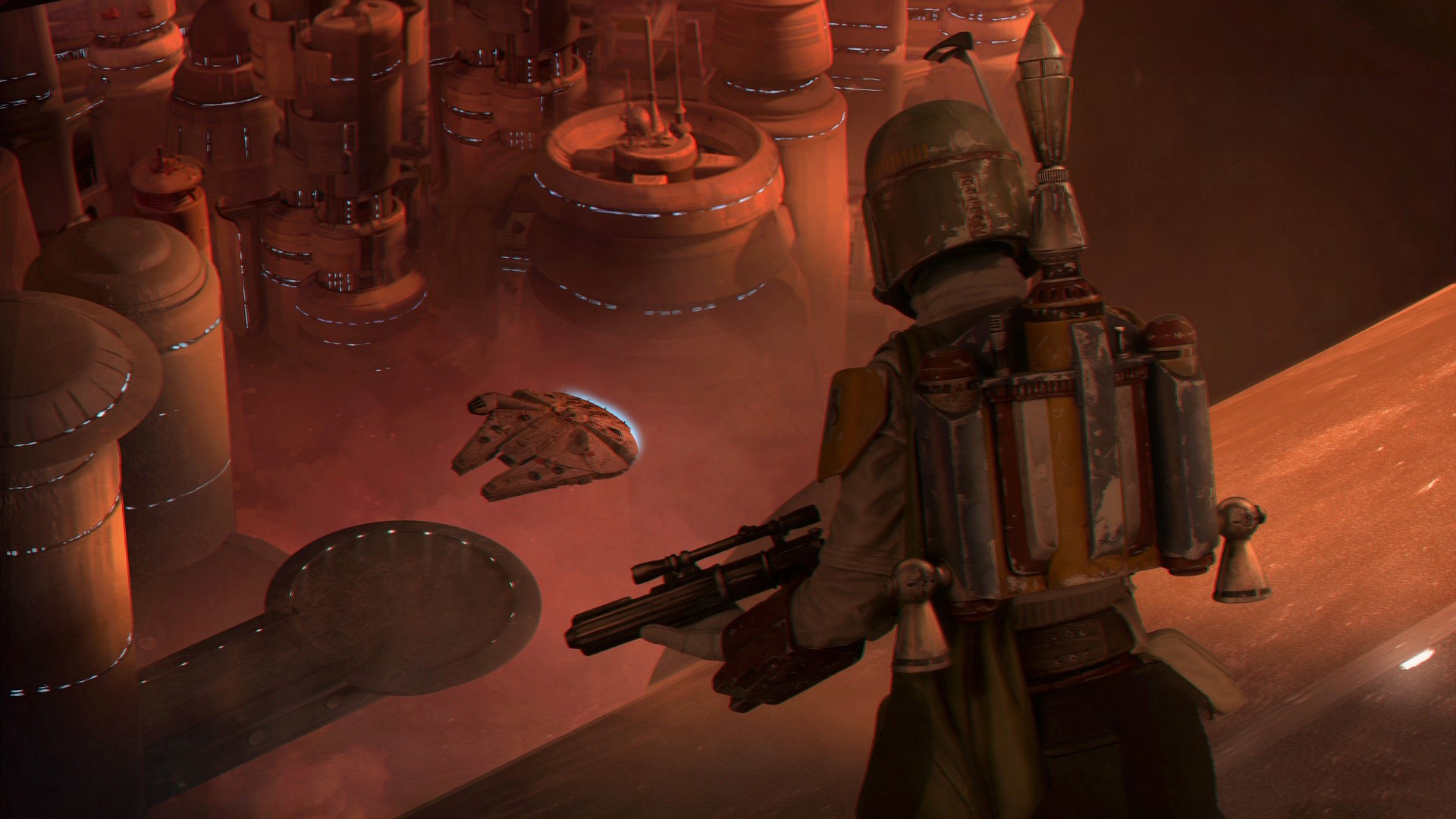 Boba Fett aiming at the Millennium Falcon on Bespin HD Wallpaper
