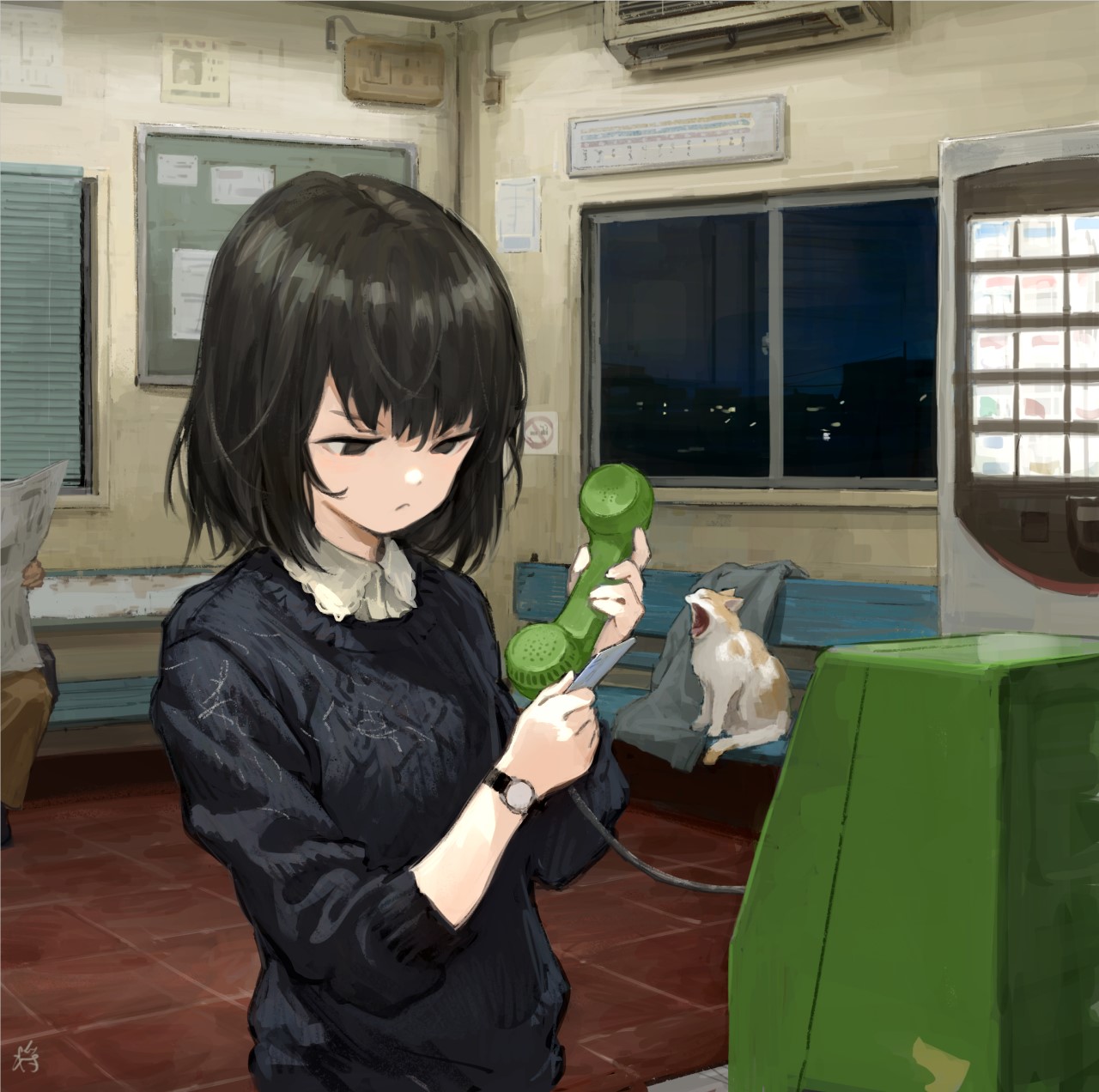 Anime girl with dark hair holding a phone with a cat HD Wallpaper