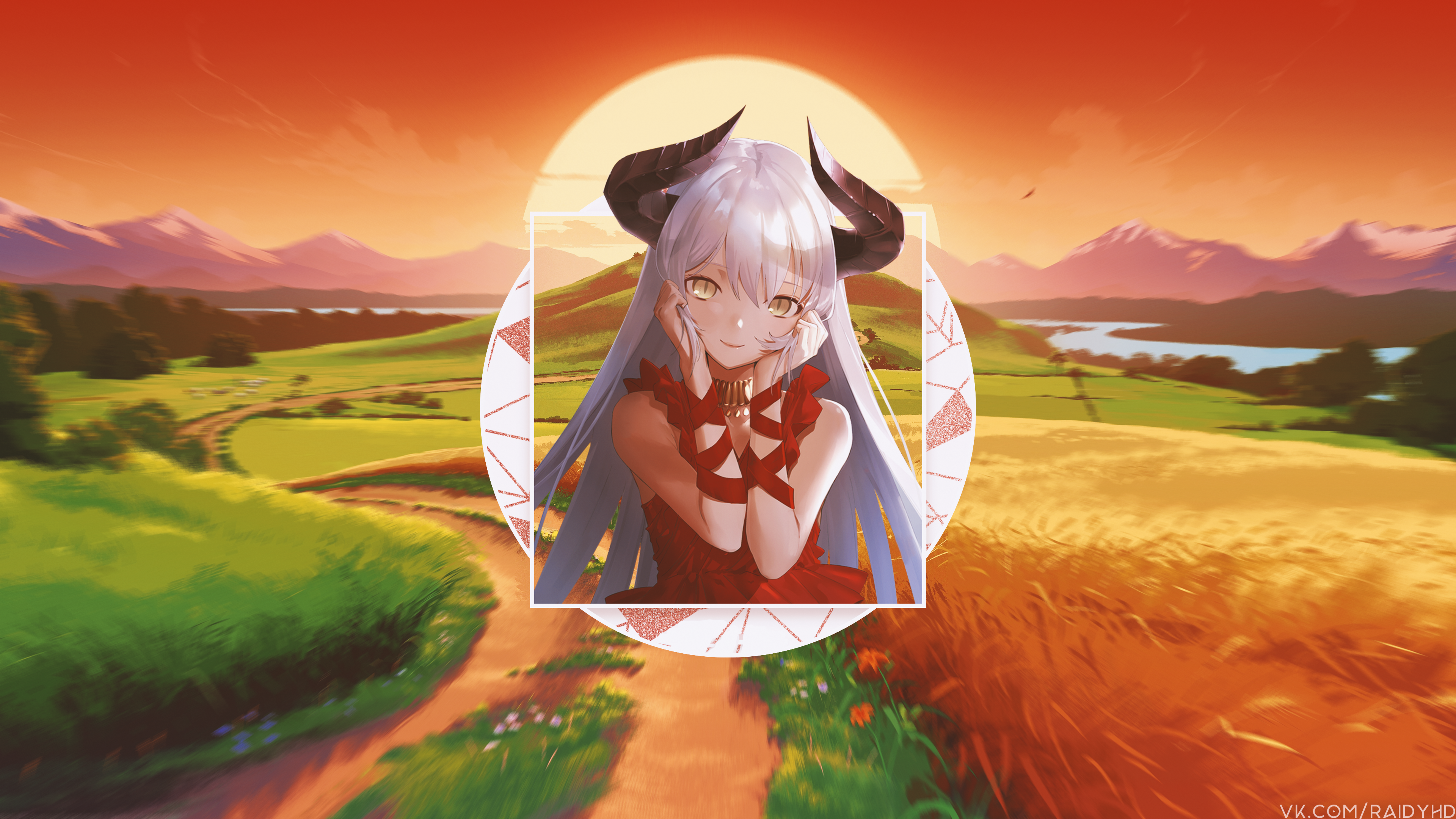 Anime girl with horns in a red dress HD Wallpaper