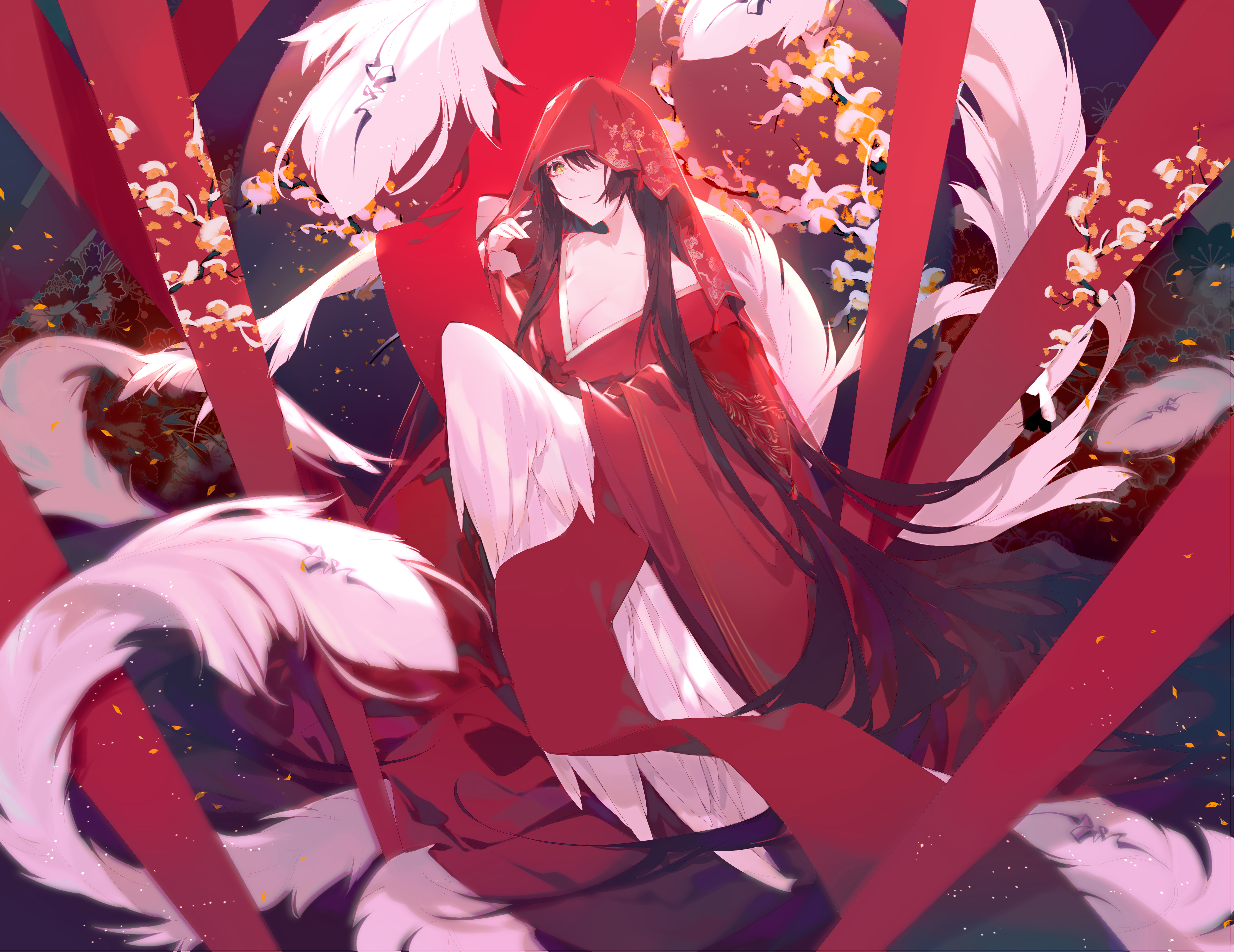 Anime girl with fox tails in red kimono HD Wallpaper
