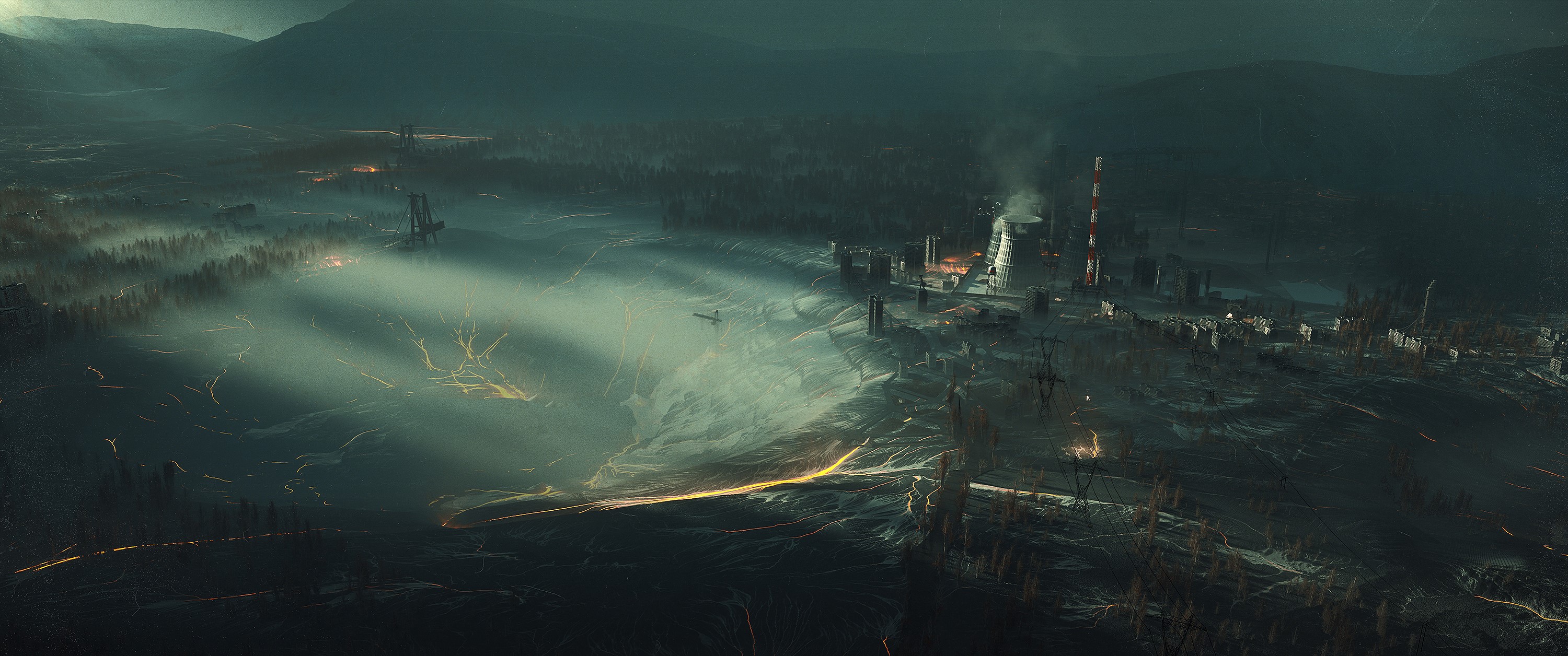 Industrial landscape with smoke and lights HD Wallpaper