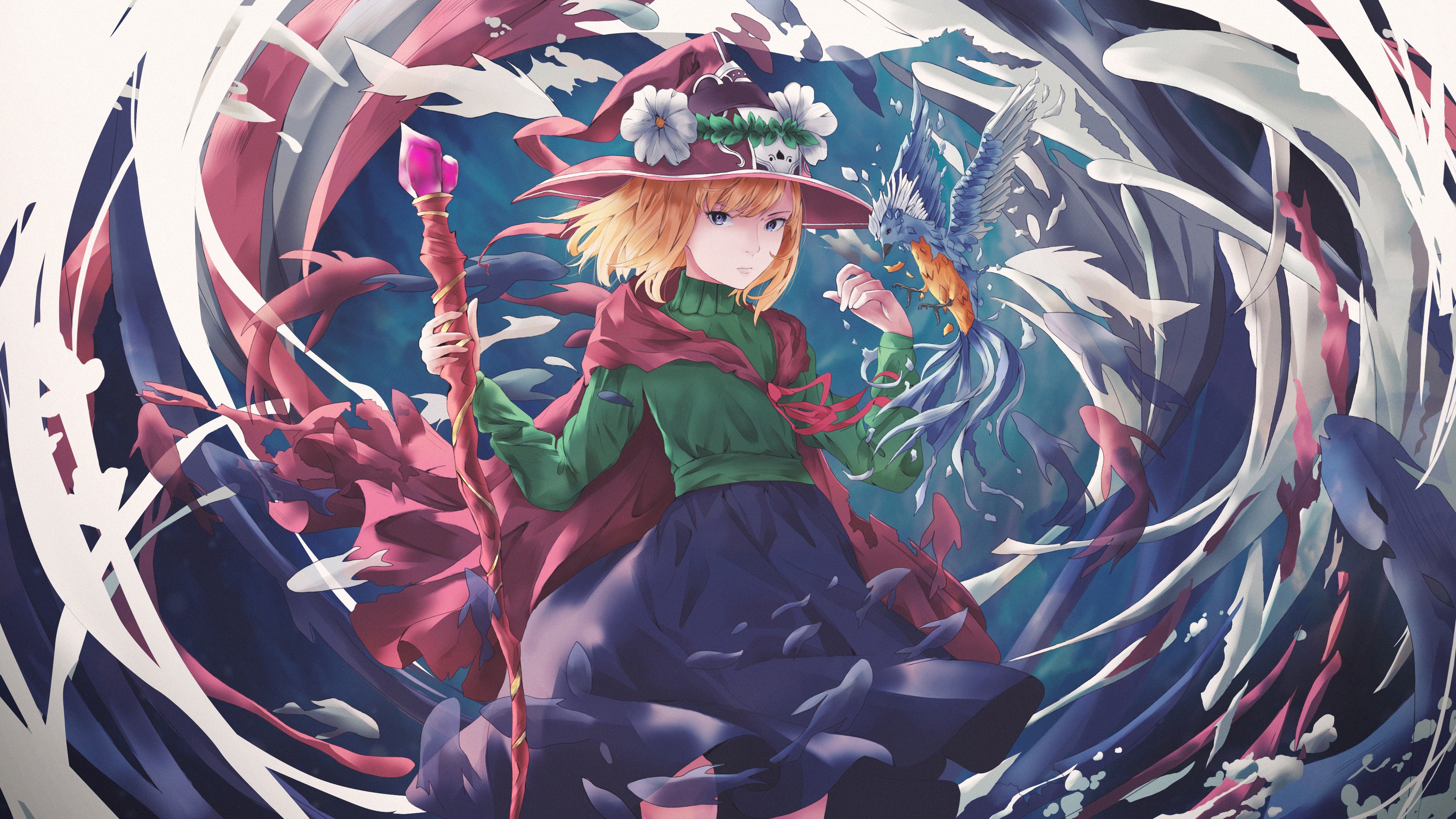 Fantasy girl with a bird and a staff HD Wallpaper