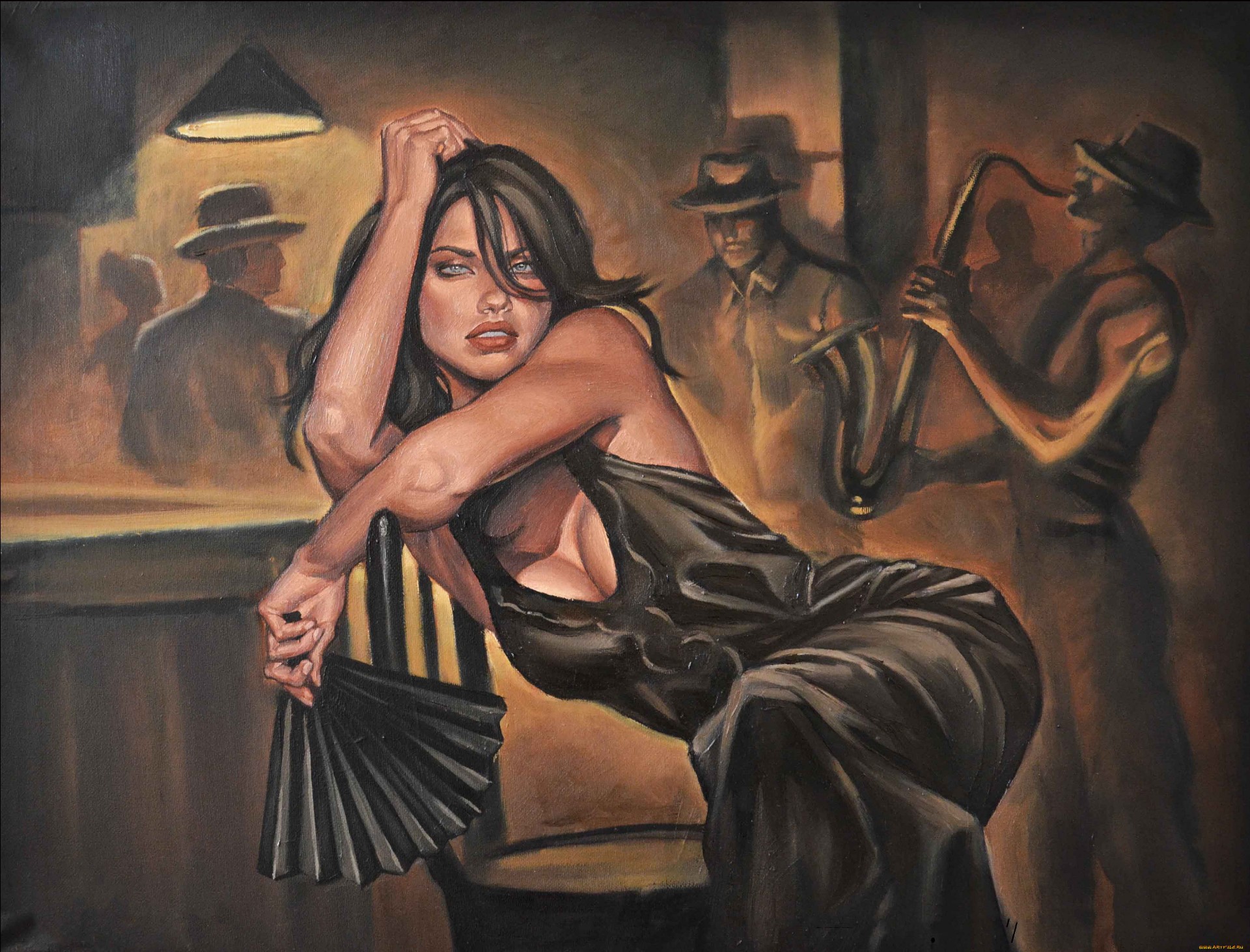 Woman in black dress with fan at jazz club HD Wallpaper