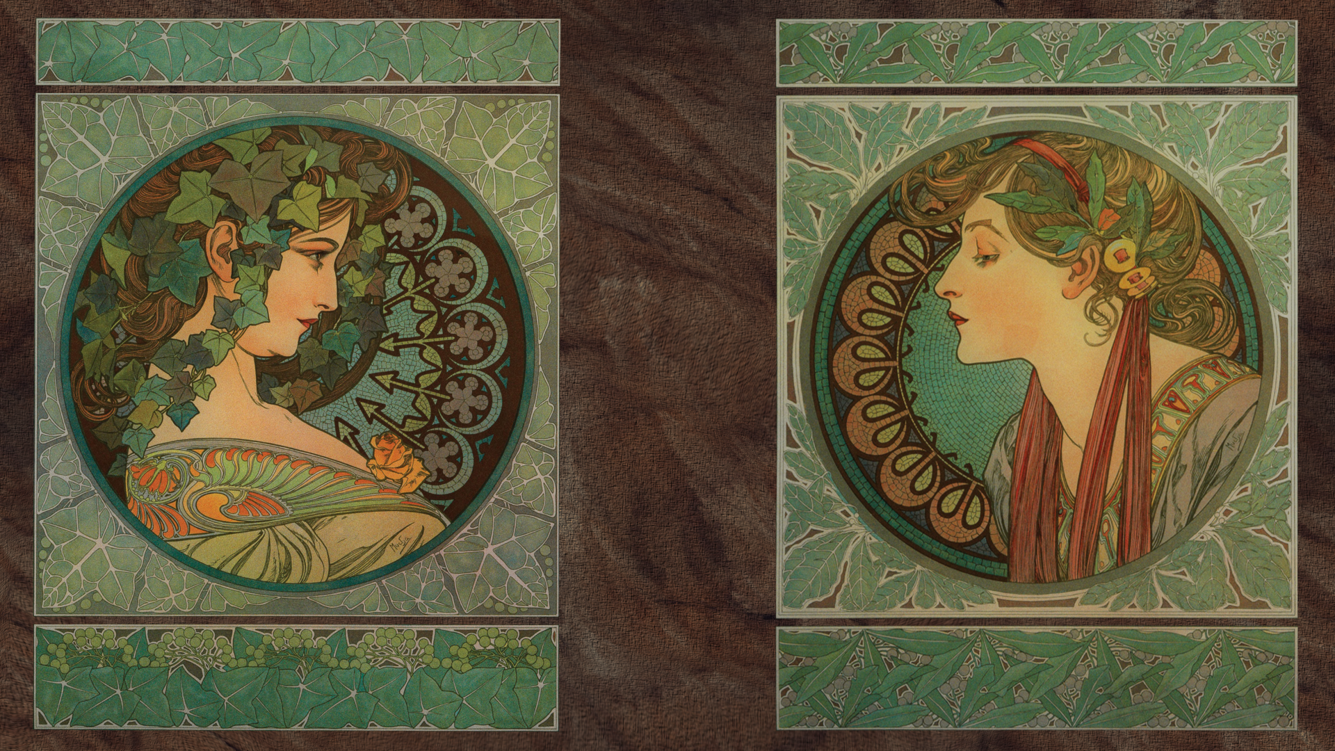 Two women in decorative frames by Alphonse Mucha HD Wallpaper