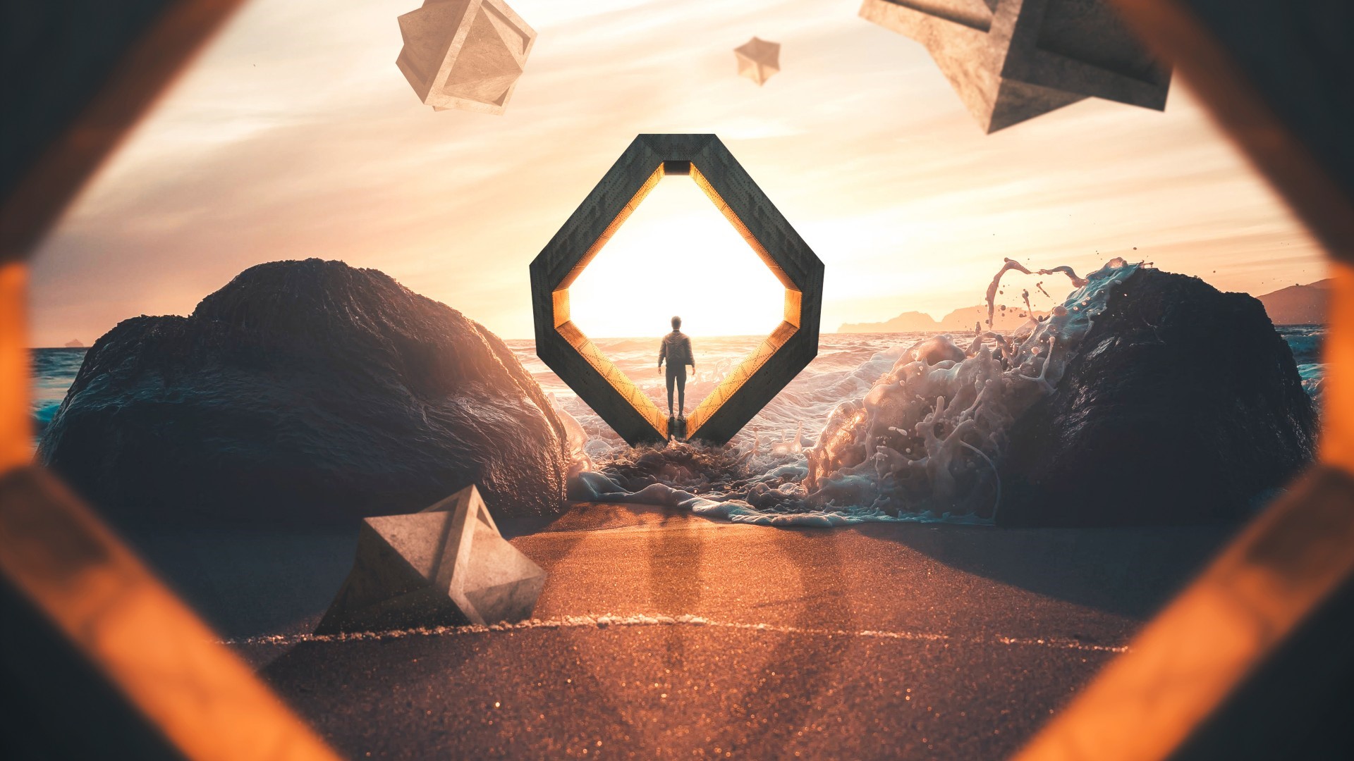 Man standing at a portal on a beach with waves HD Wallpaper