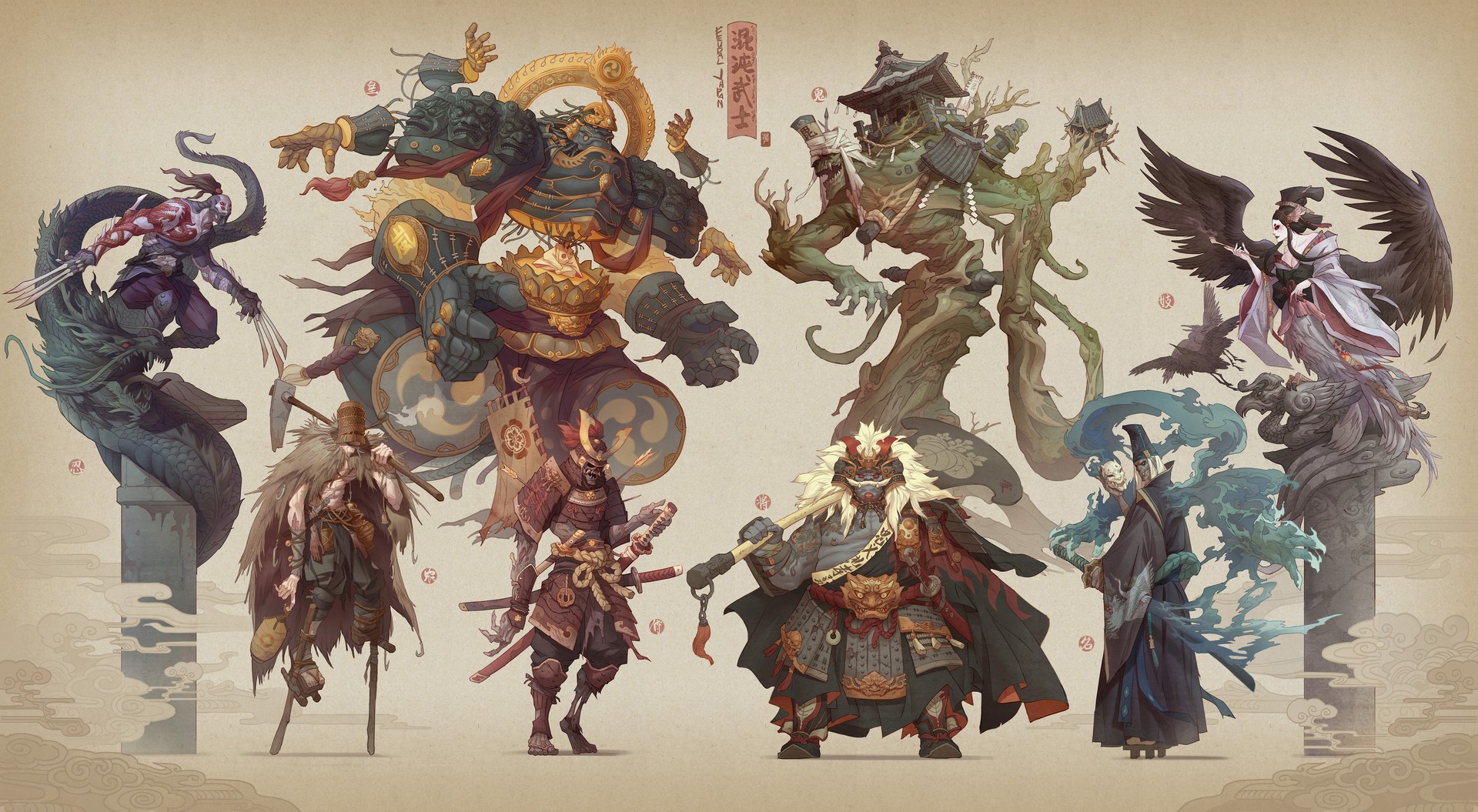 Fantasy warriors and mythical creatures in Japanese armor HD Wallpaper