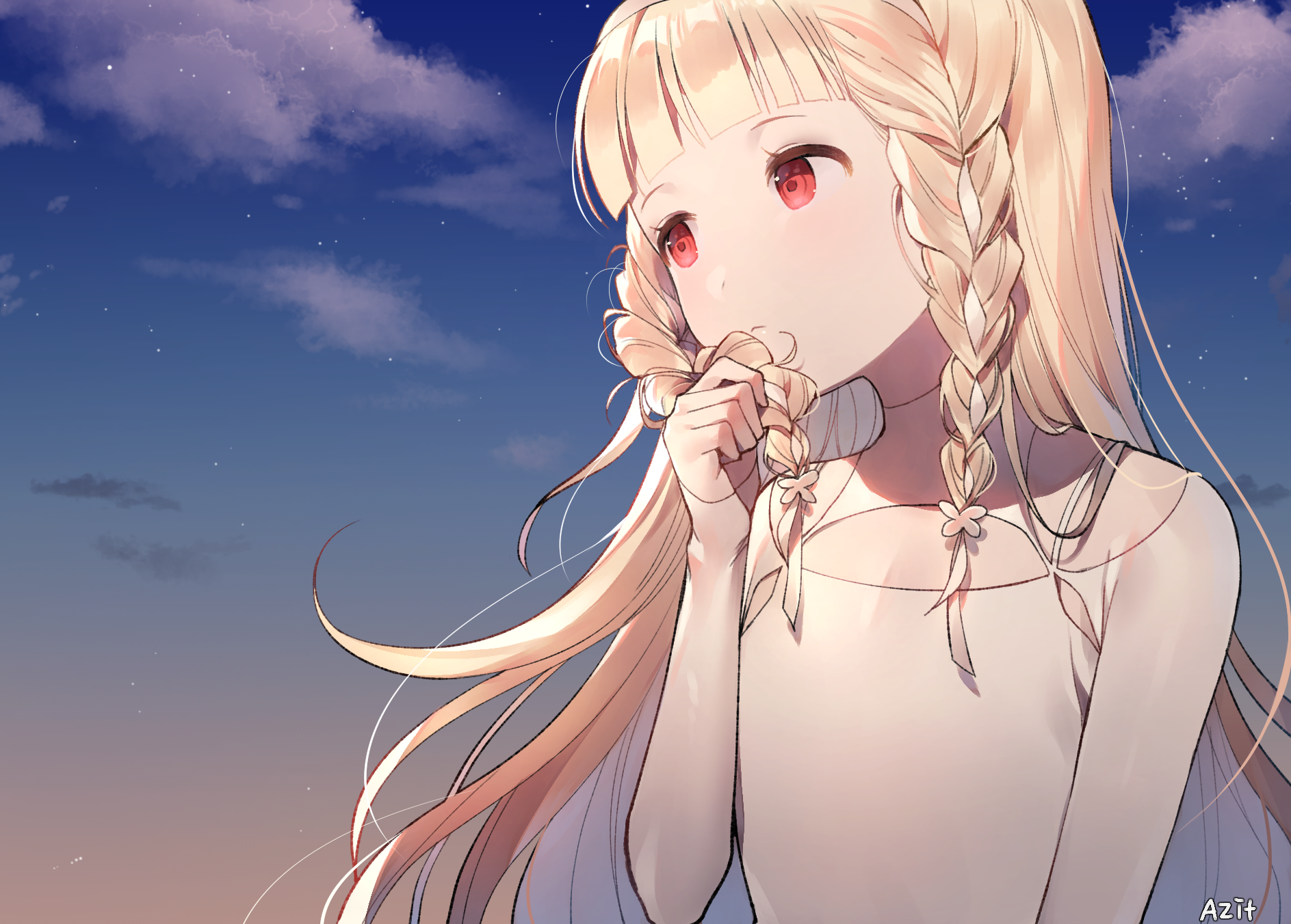 Anime girl with blonde braids and red eyes HD Wallpaper