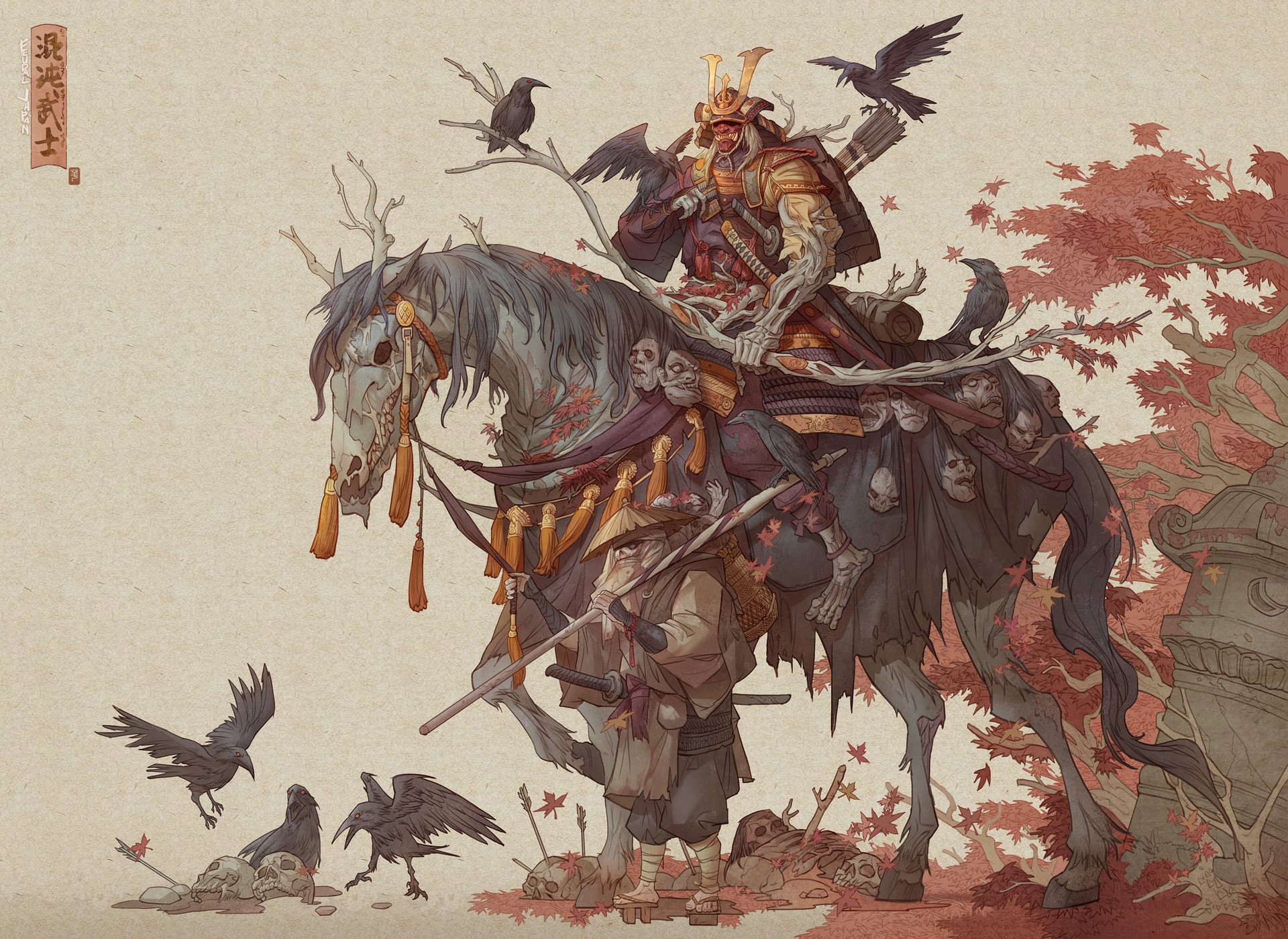 Samurai on a skeletal horse with crows and skulls HD Wallpaper