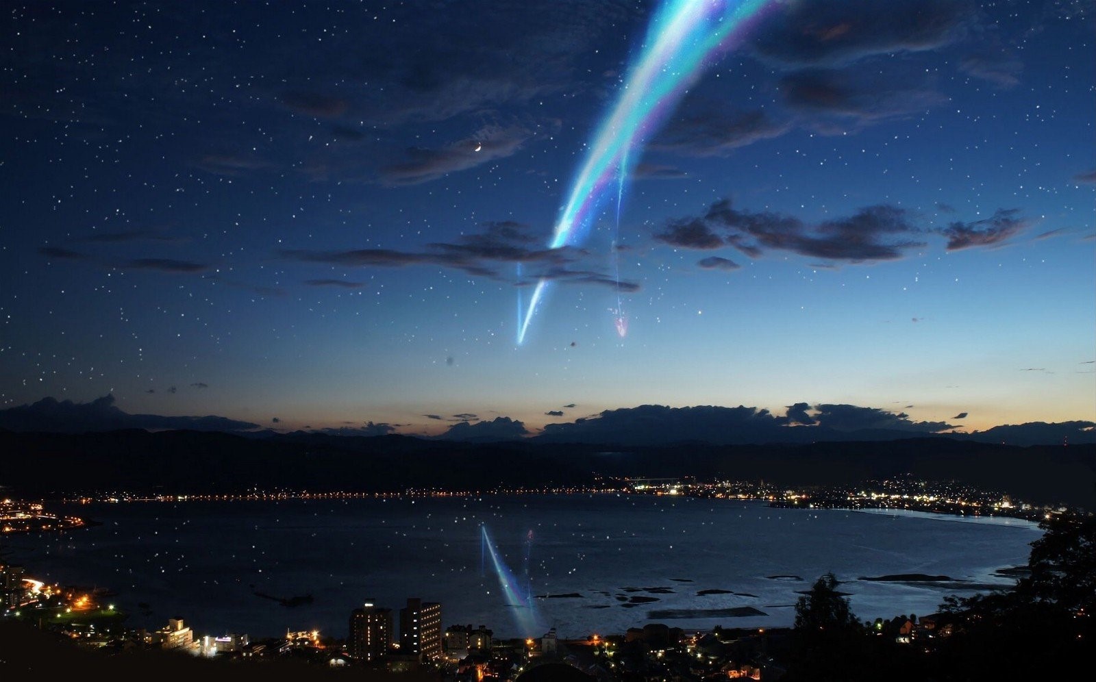 Kimi no Na Wa: Comet over a City and Lake at Night HD Wallpaper