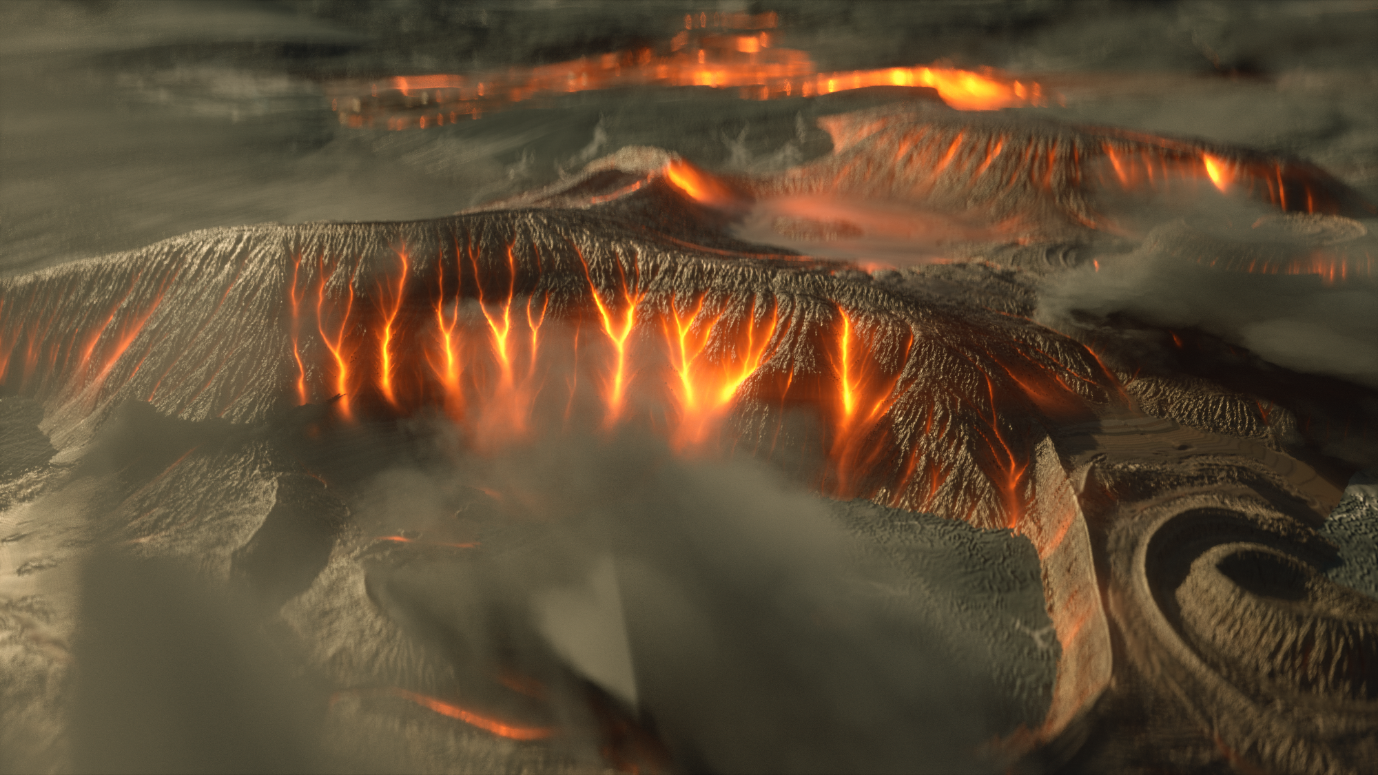 Volcanic landscape with glowing lava and smoke HD Wallpaper