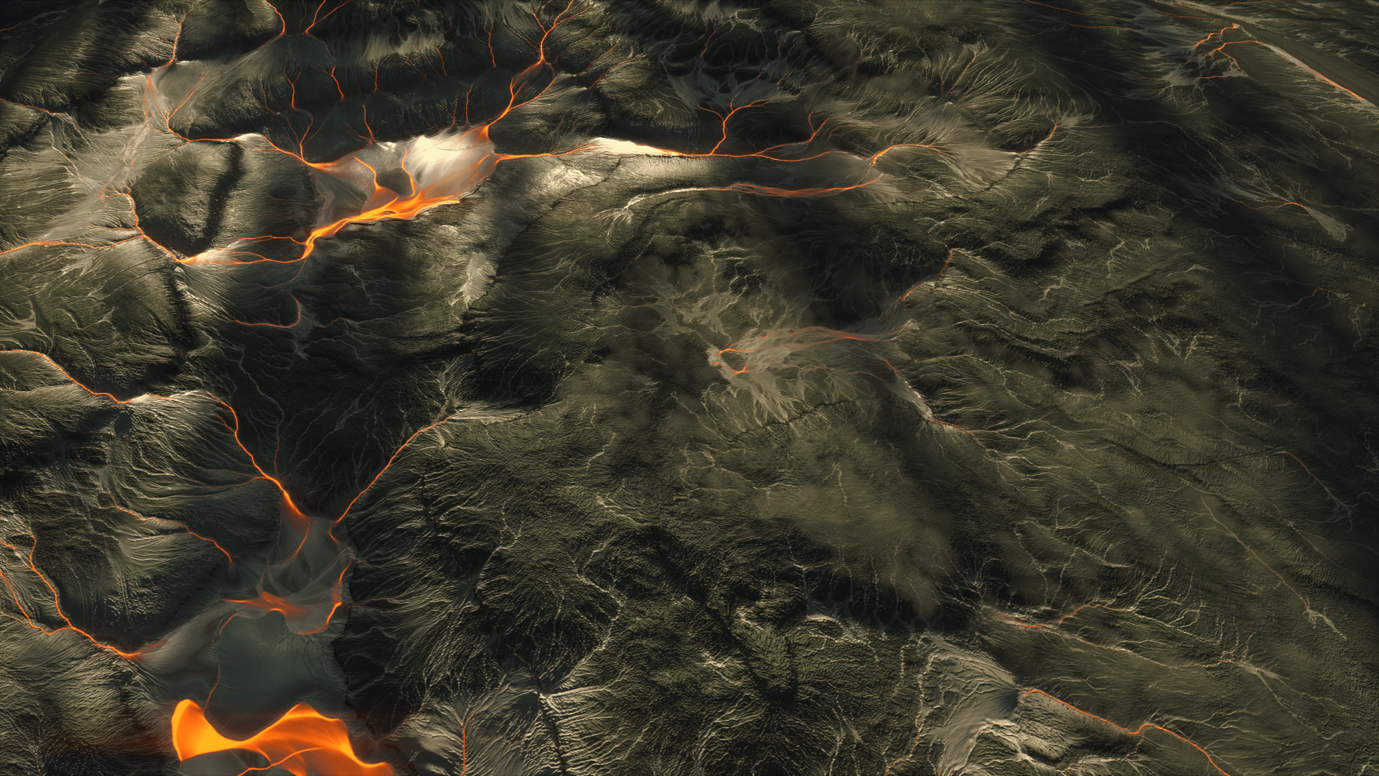 Abstract lava landscape with glowing orange veins HD Wallpaper