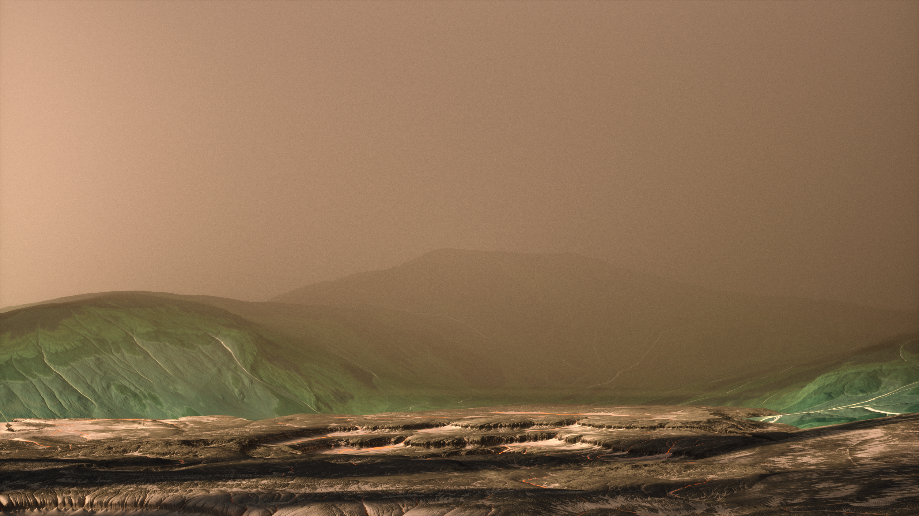 Digital landscape concept art with mountains and rocky foreground HD Wallpaper