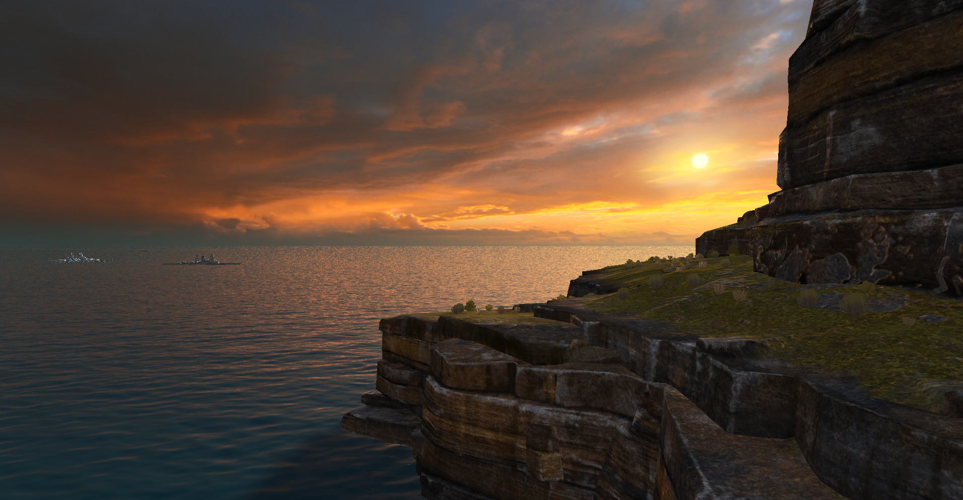 World of Warships screenshot with ships on the sea at sunset HD Wallpaper