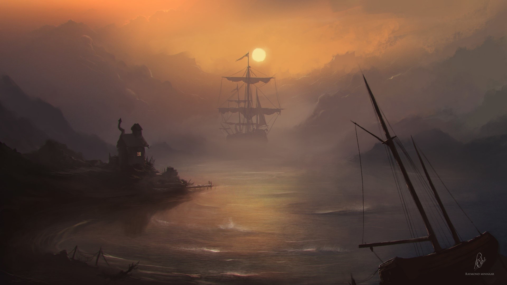 Sailing ship in fog at sunset with shipwreck HD Wallpaper