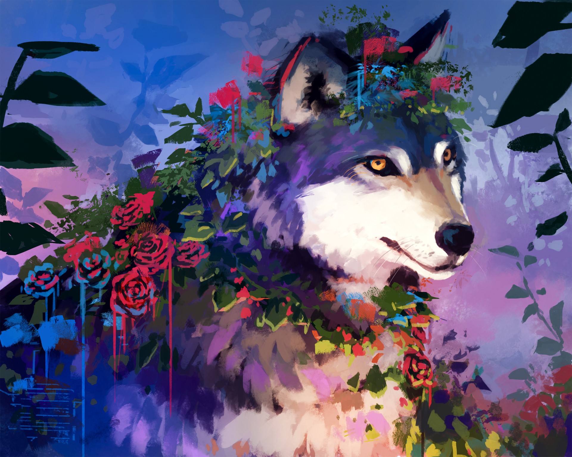 Wolf adorned with colorful roses and plants HD Wallpaper
