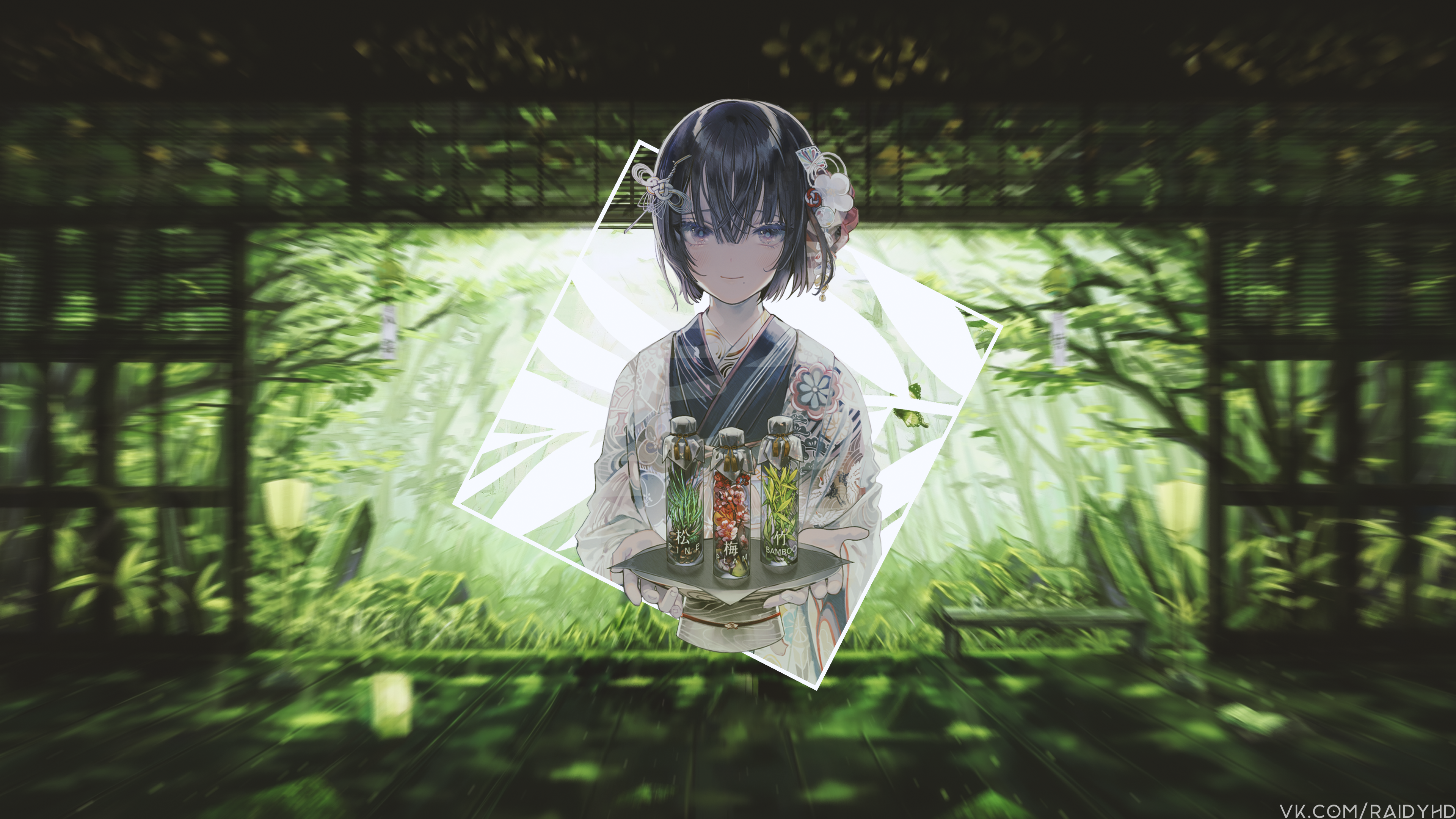 Anime girl in kimono holding potions HD Wallpaper