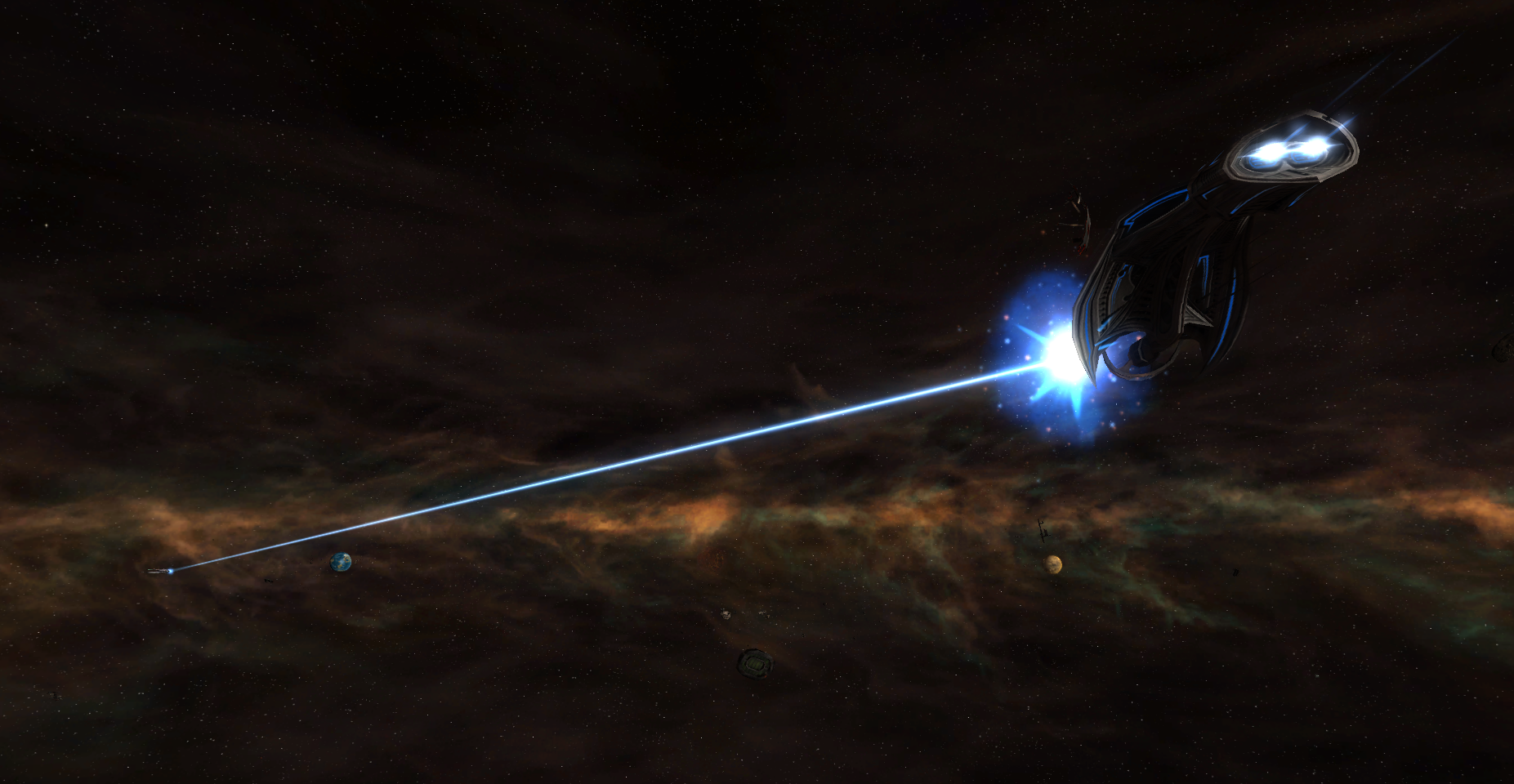 Spaceship firing a blue laser in Sins of a Solar Empire HD Wallpaper