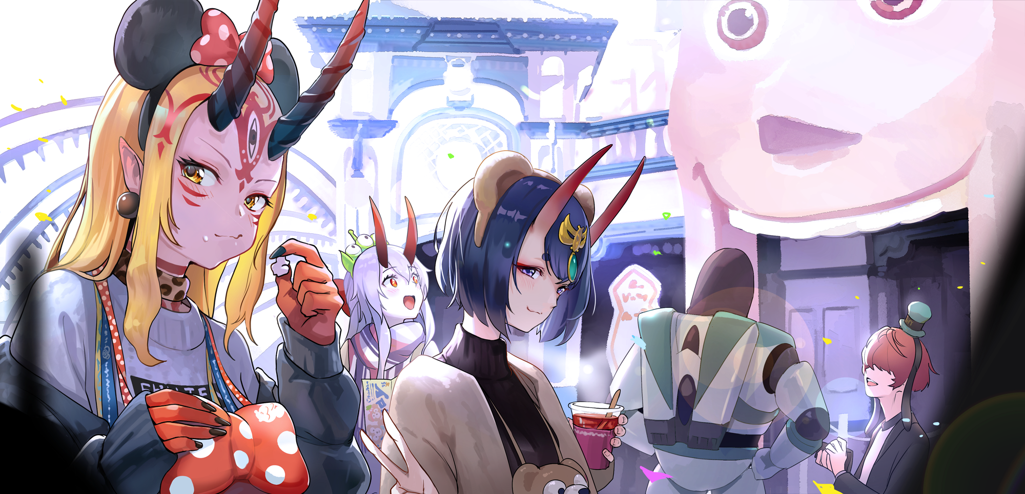 Anime girls with horns at a festival HD Wallpaper