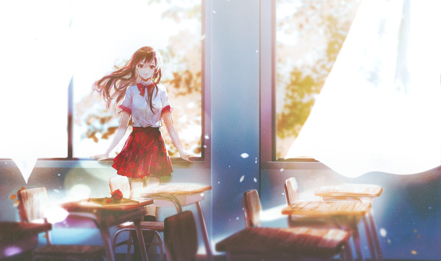 Anime girl in school uniform by the window HD Wallpaper