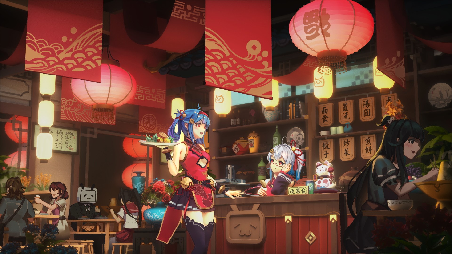 Anime restaurant with characters serving food HD Wallpaper