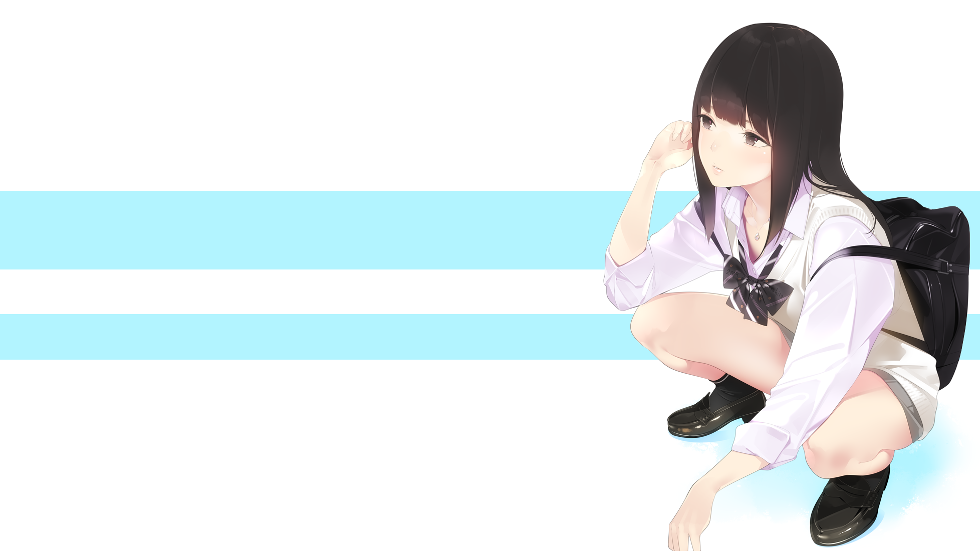 Anime schoolgirl with backpack squatting HD Wallpaper